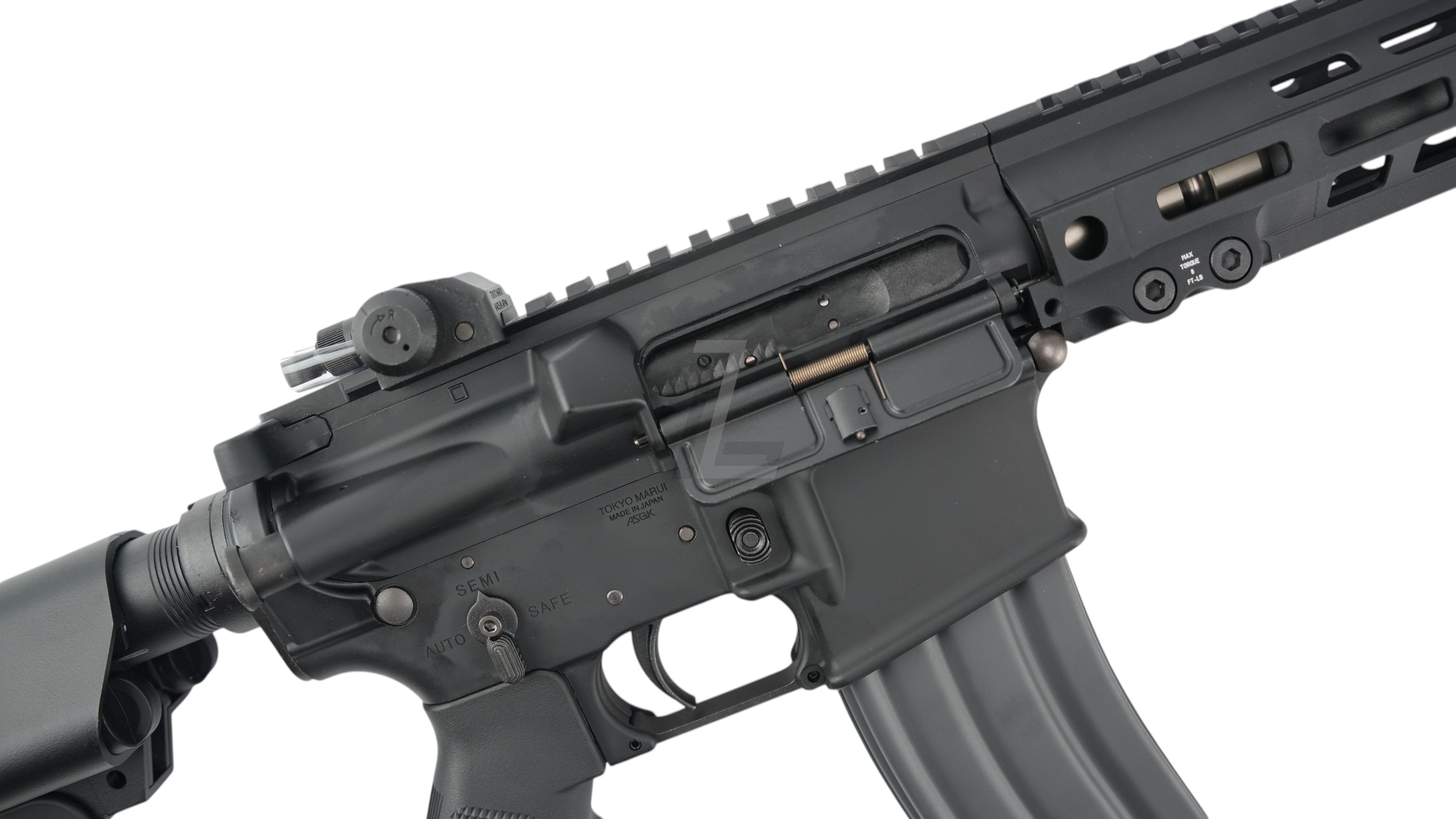 Landing Zone Tokyo Marui Evolt RS FPR MK IV black airsoft rifle receiver and handguard detail