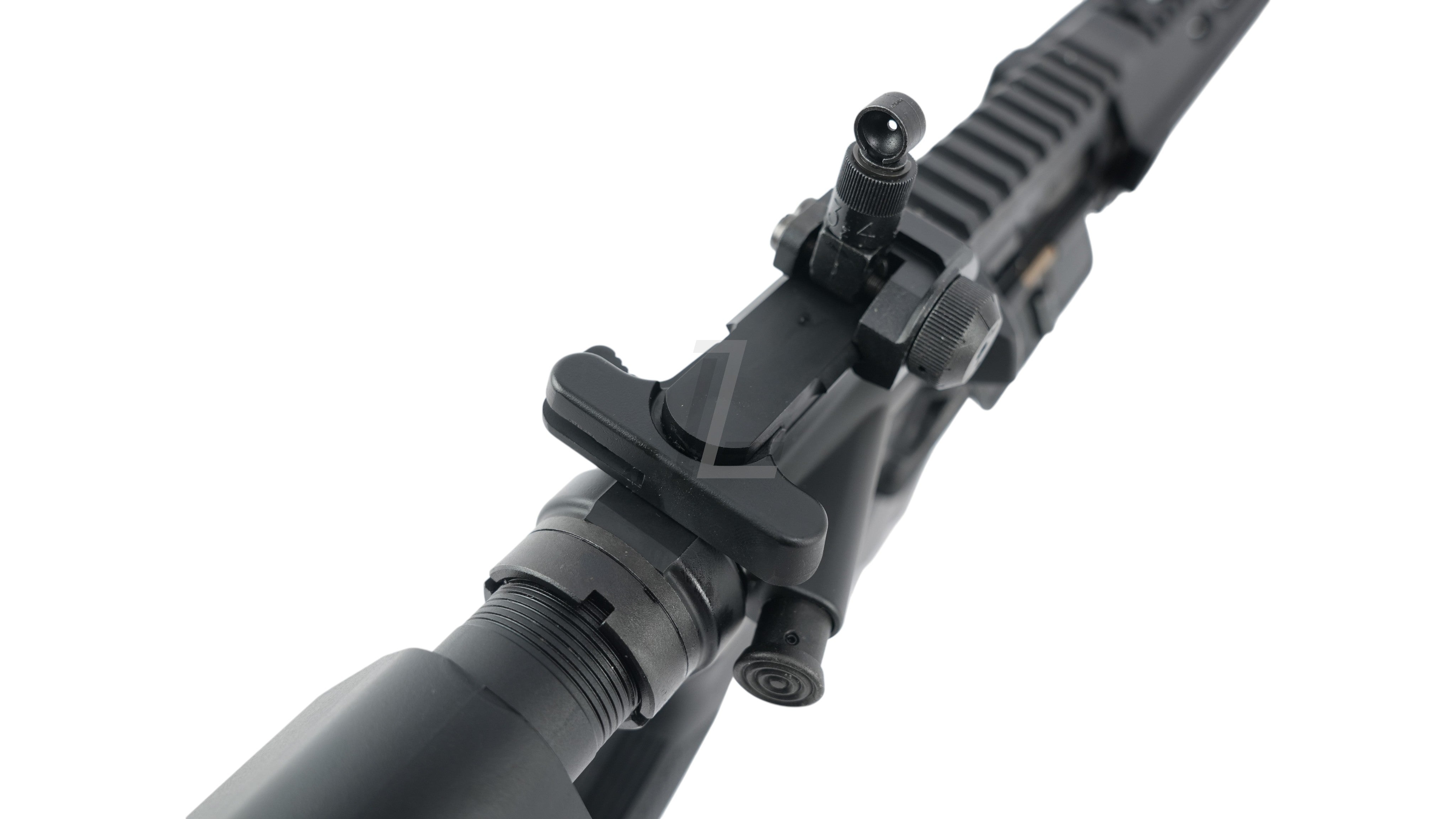 Landing Zone Tokyo Marui Evolt RS FPR MK IV airsoft rifle receiver and rear iron sight detail