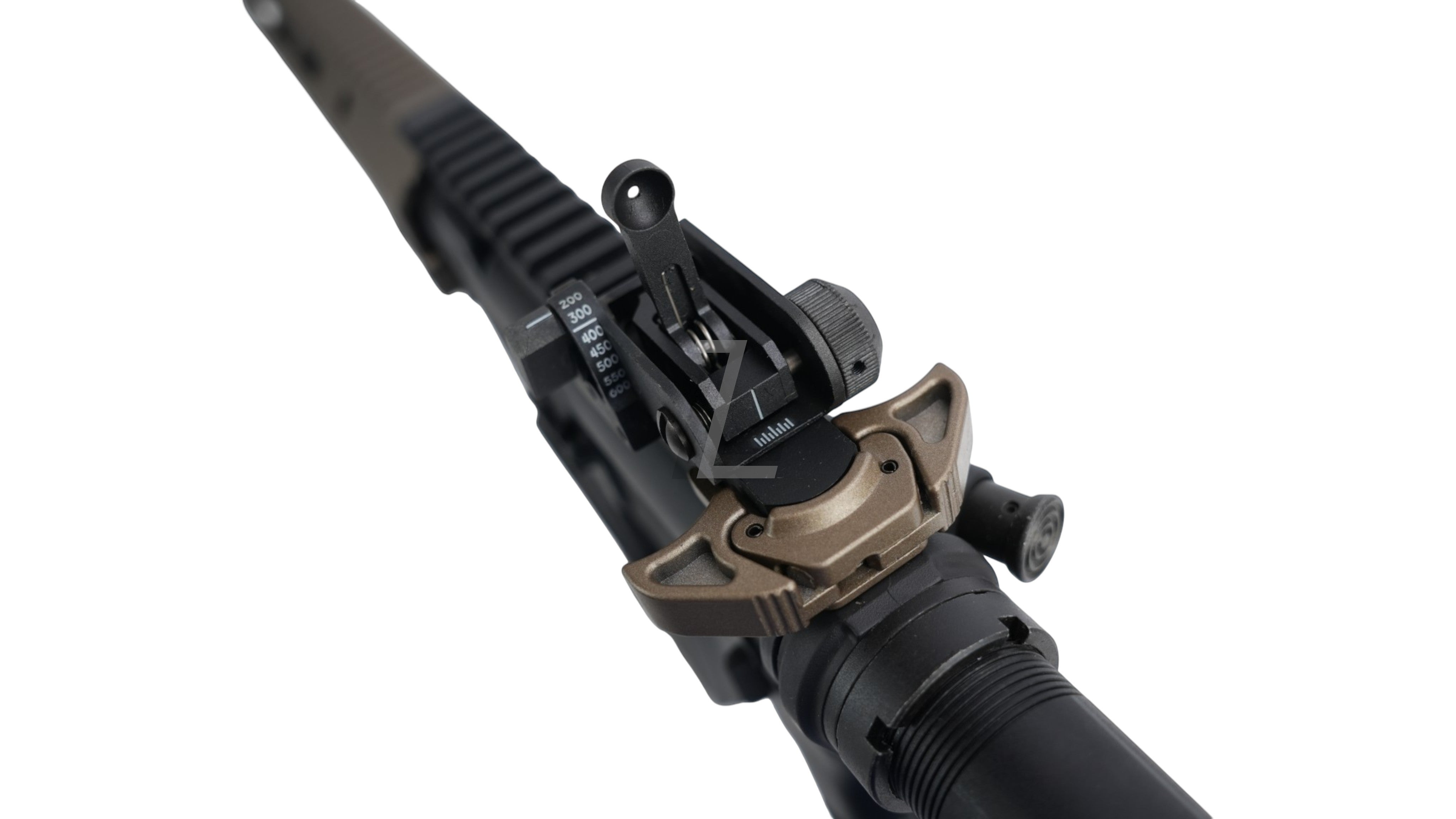Landing Zone Tokyo Marui URG-I 11.5 inch GBB airsoft rifle featuring a tan charging handle and flip-up rear sight.