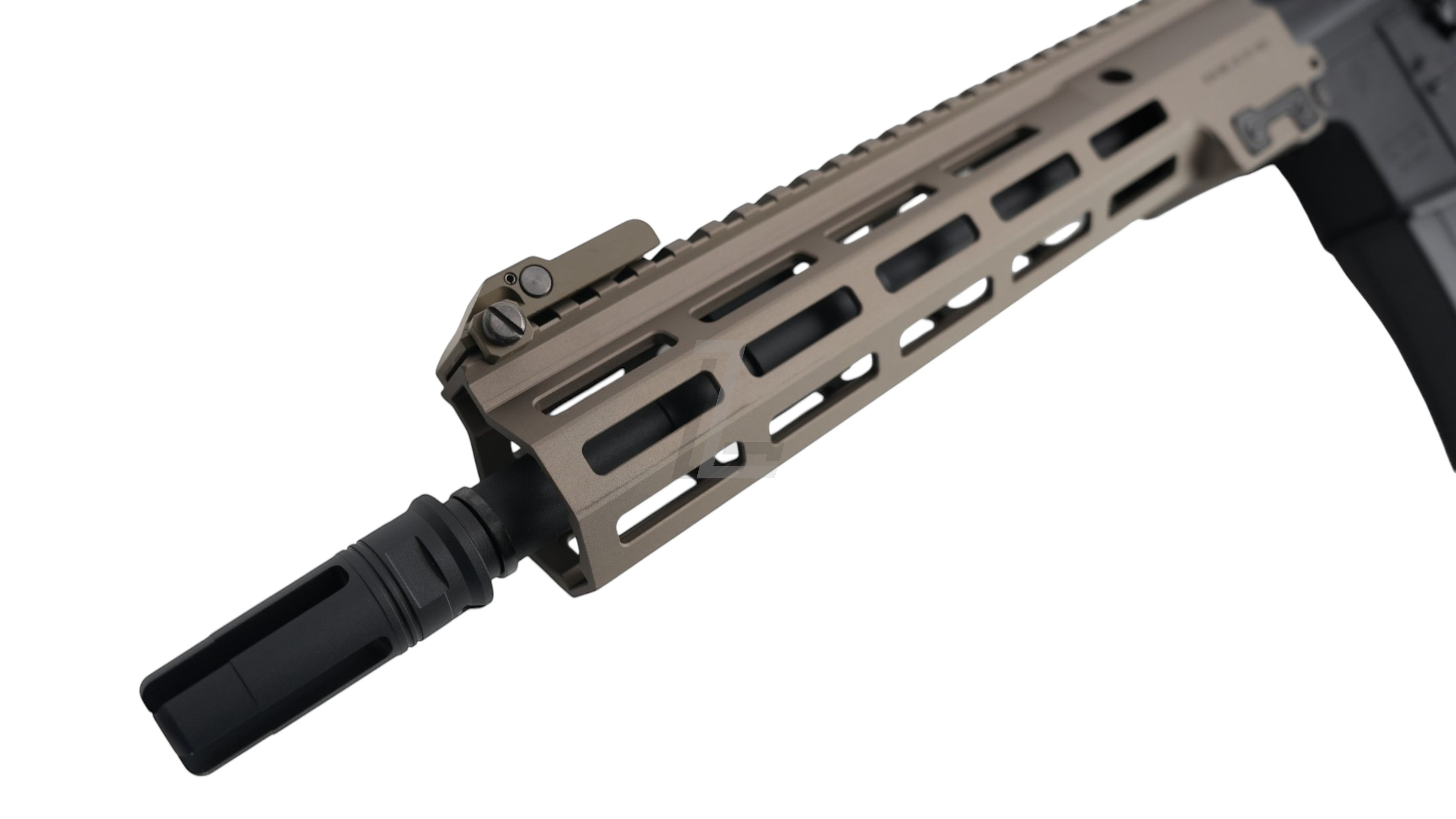 Landing Zone Tokyo Marui URG-I 11.5 inch GBB airsoft rifle featuring a tan M-LOK handguard and black flash hider.