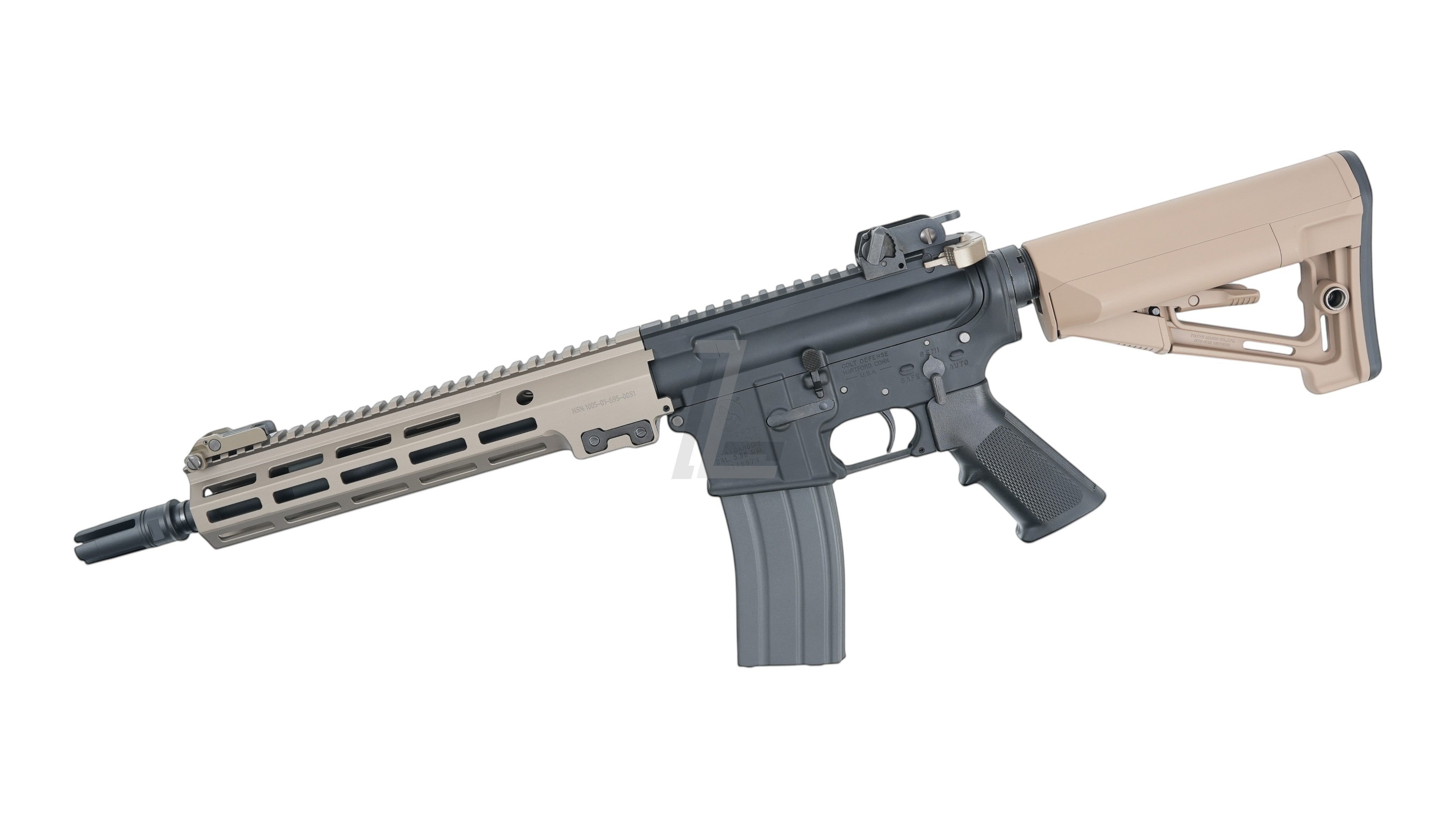Landing Zone Tokyo Marui URG-I 11.5 inch GBB airsoft rifle with black receiver and tan DDC handguard and stock