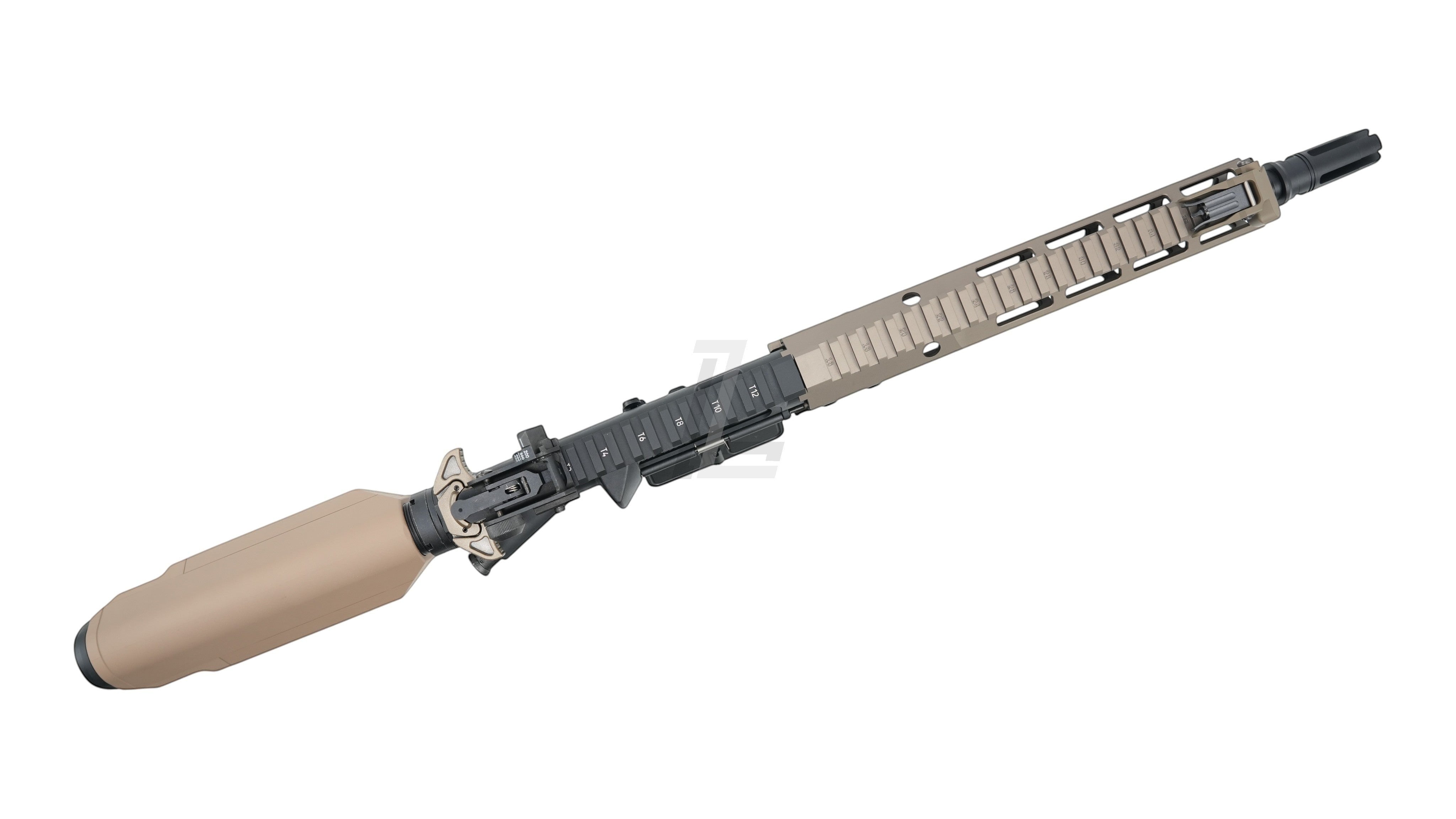 Landing Zone Tokyo Marui URG-I 11.5 inch GBB airsoft rifle with DDC handguard and black receiver on white background