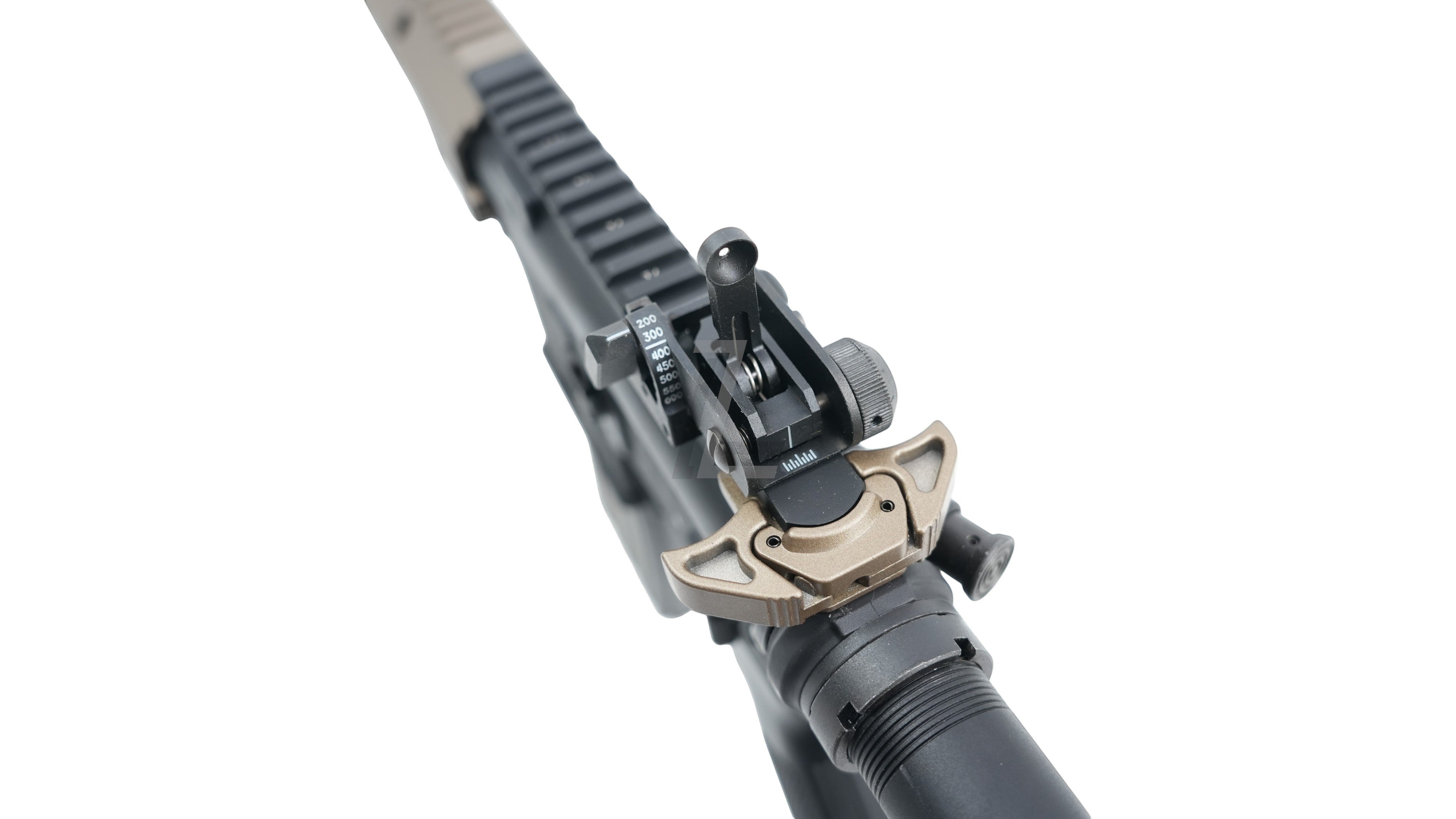 Landing Zone Tokyo Marui URG-I GBB airsoft rifle showing the rear iron sight and tan charging handle