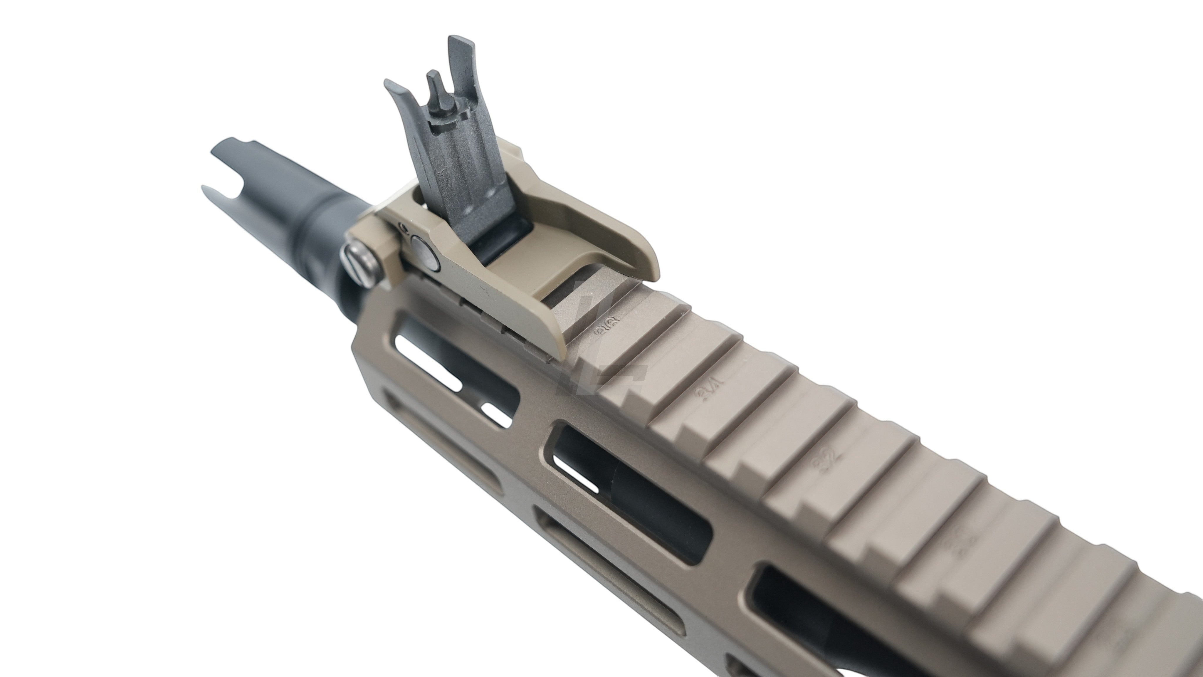 Landing Zone Tokyo Marui URG-I 11.5 inch GBB airsoft rifle front sight and DDC M-LOK handguard detail