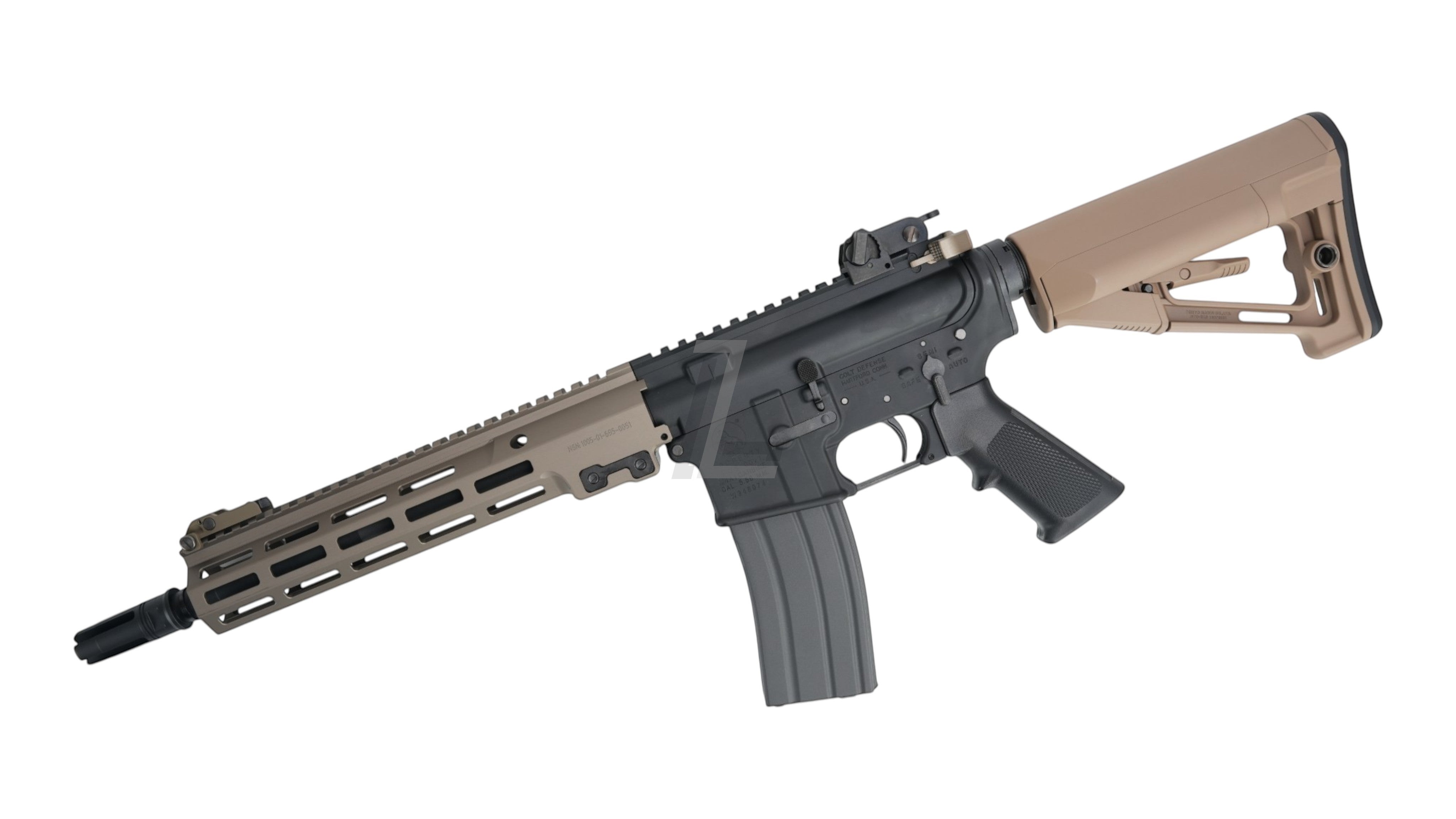 Landing Zone Tokyo Marui URG-I 11.5 inch GBB airsoft rifle in black and tan with M-LOK handguard