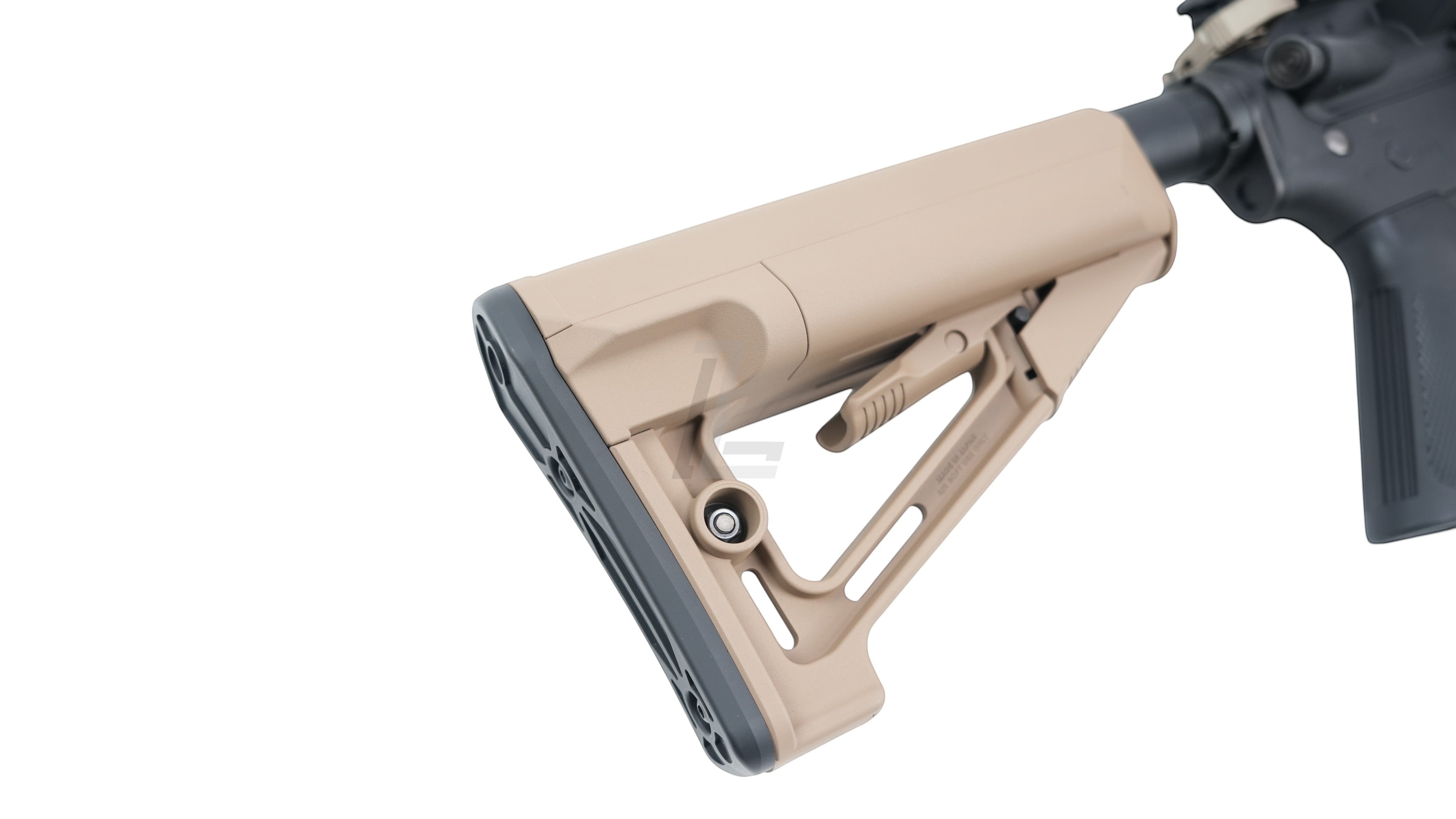 Landing Zone Tokyo Marui URG-I GBB airsoft rifle featuring a tan adjustable polymer stock on a white background