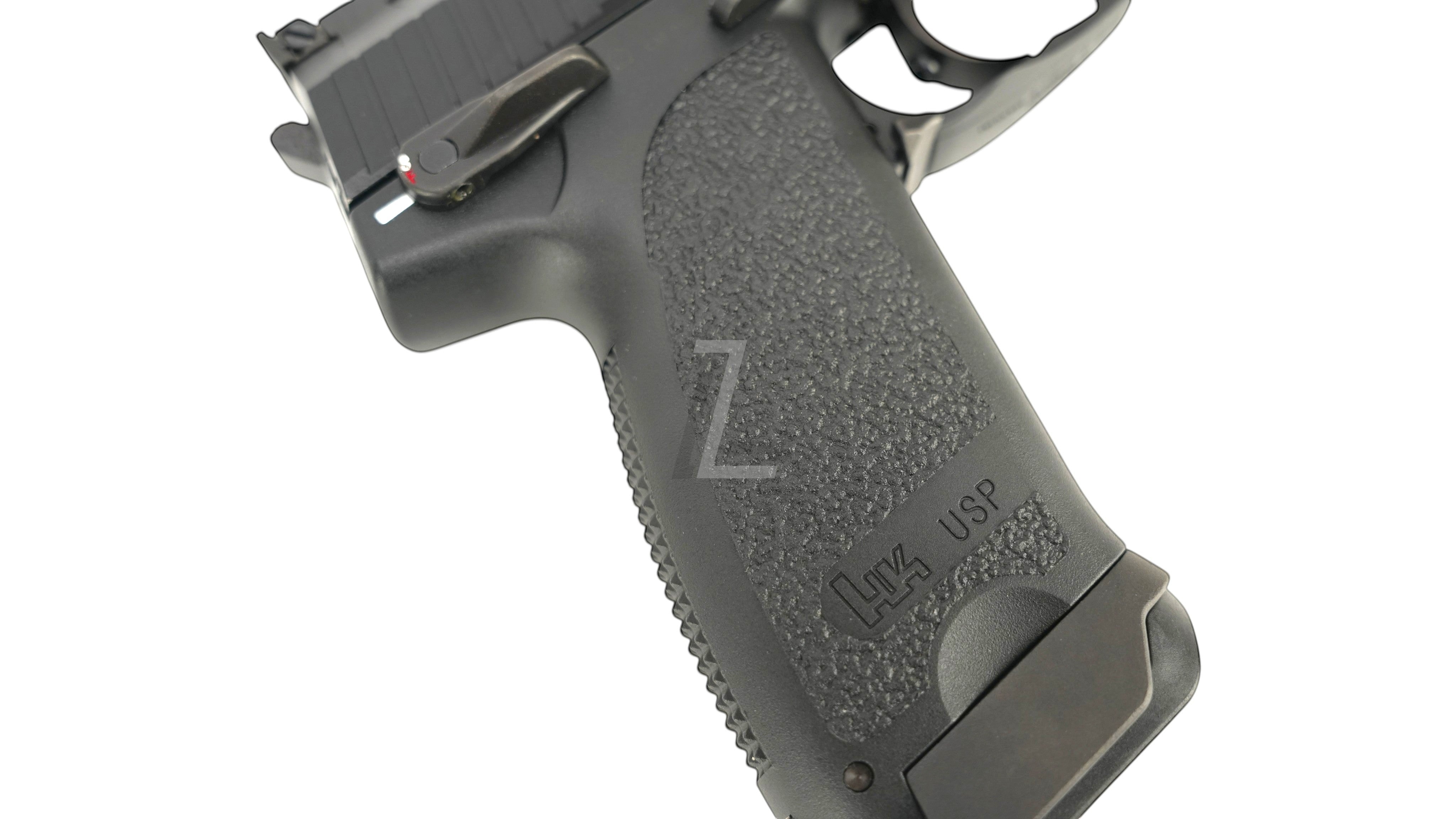 Landing Zone UMAREX KWA USP.45 Match GBB airsoft pistol grip detail with textured polymer finish and HK branding
