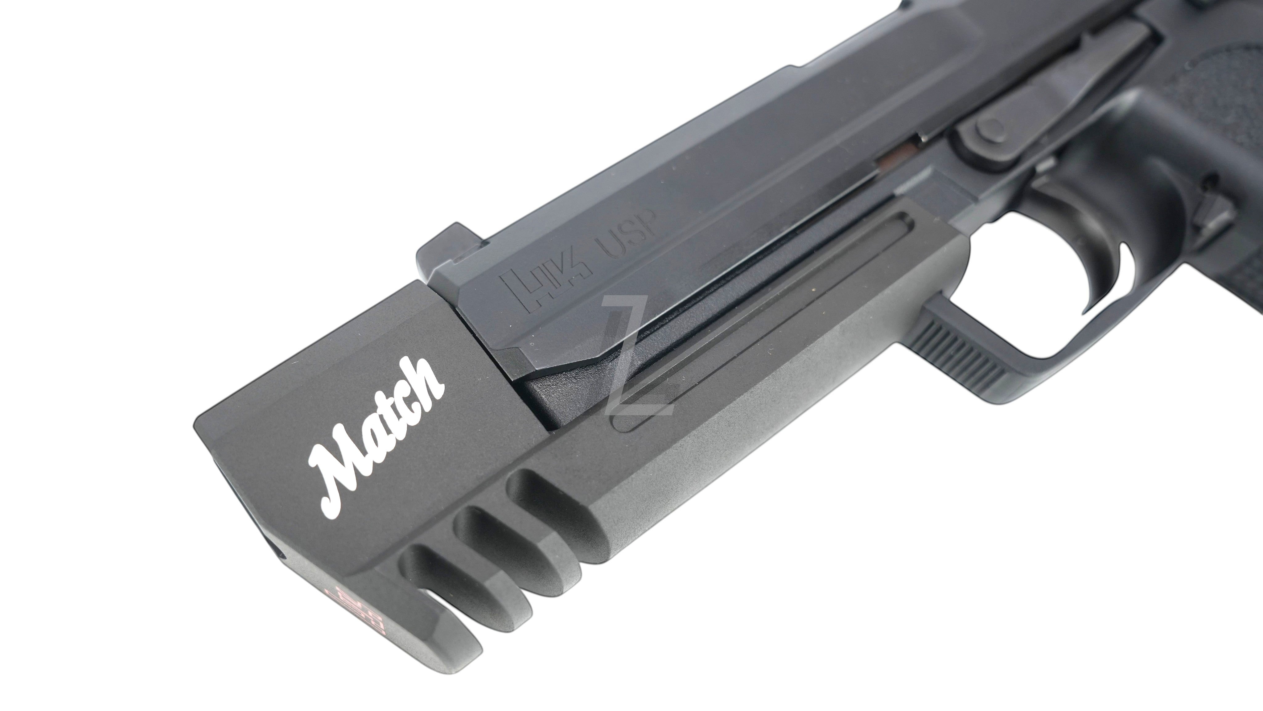 Landing Zone UMAREX KWA USP.45 Match GBB airsoft pistol featuring a black metal compensator with white Match branding