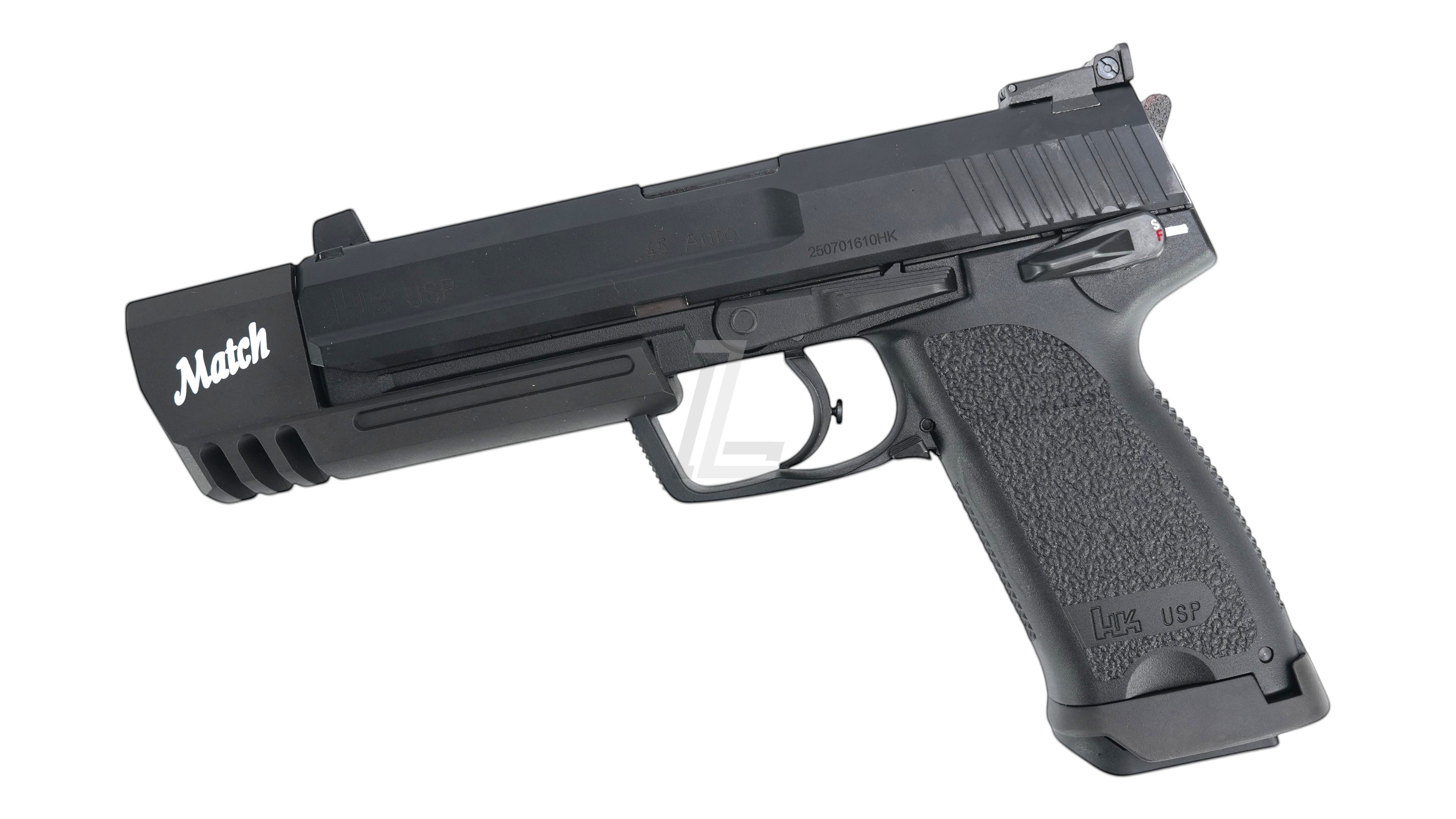 Landing Zone UMAREX KWA USP.45 Match GBB airsoft pistol in black with a distinctive compensator and Match branding.