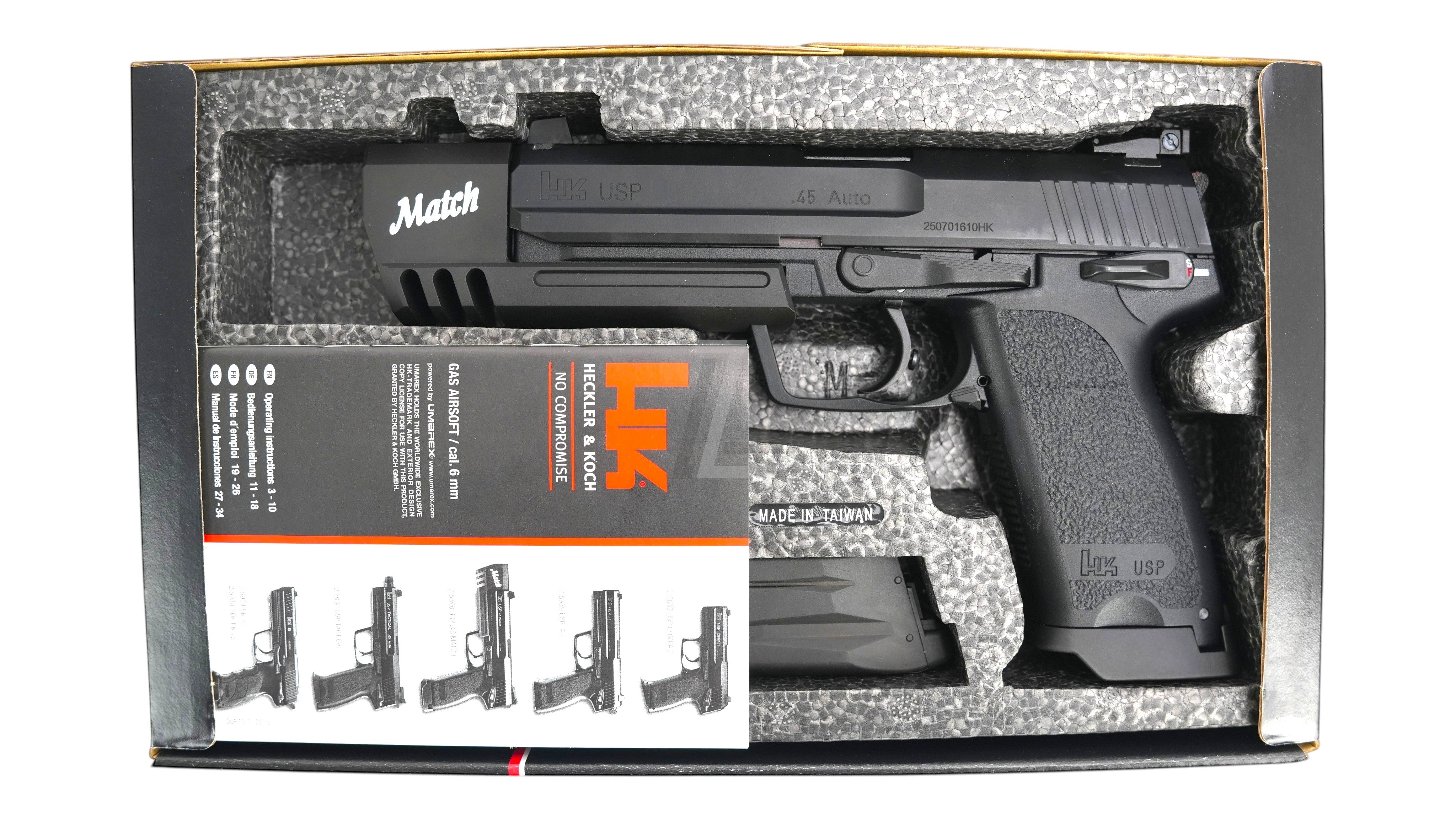Landing Zone UMAREX KWA USP.45 Match GBB airsoft pistol in black with compensator, inside original foam-lined box.
