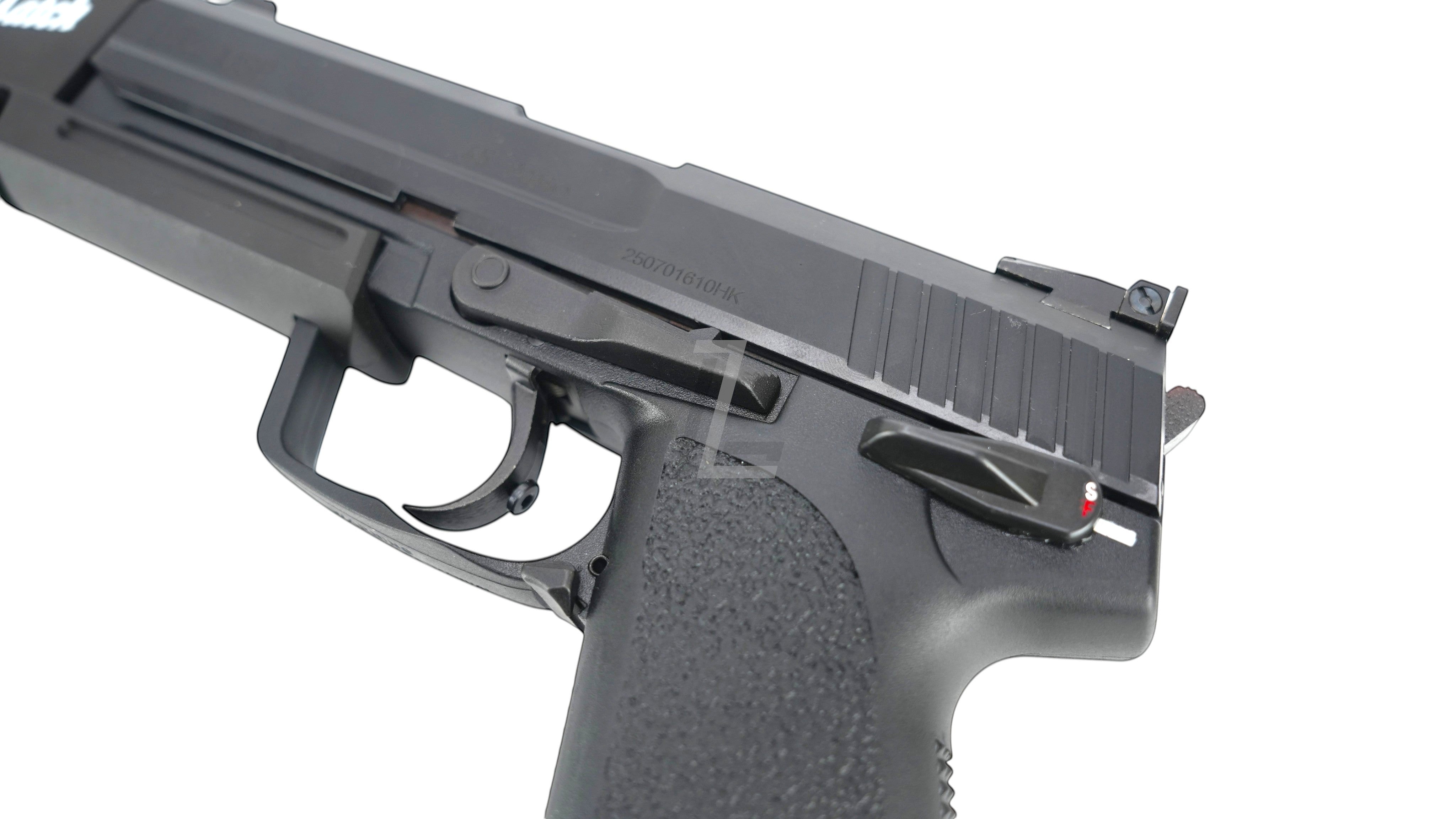 Landing Zone UMAREX KWA USP.45 Match GBB airsoft pistol showing the black polymer frame and metal slide details