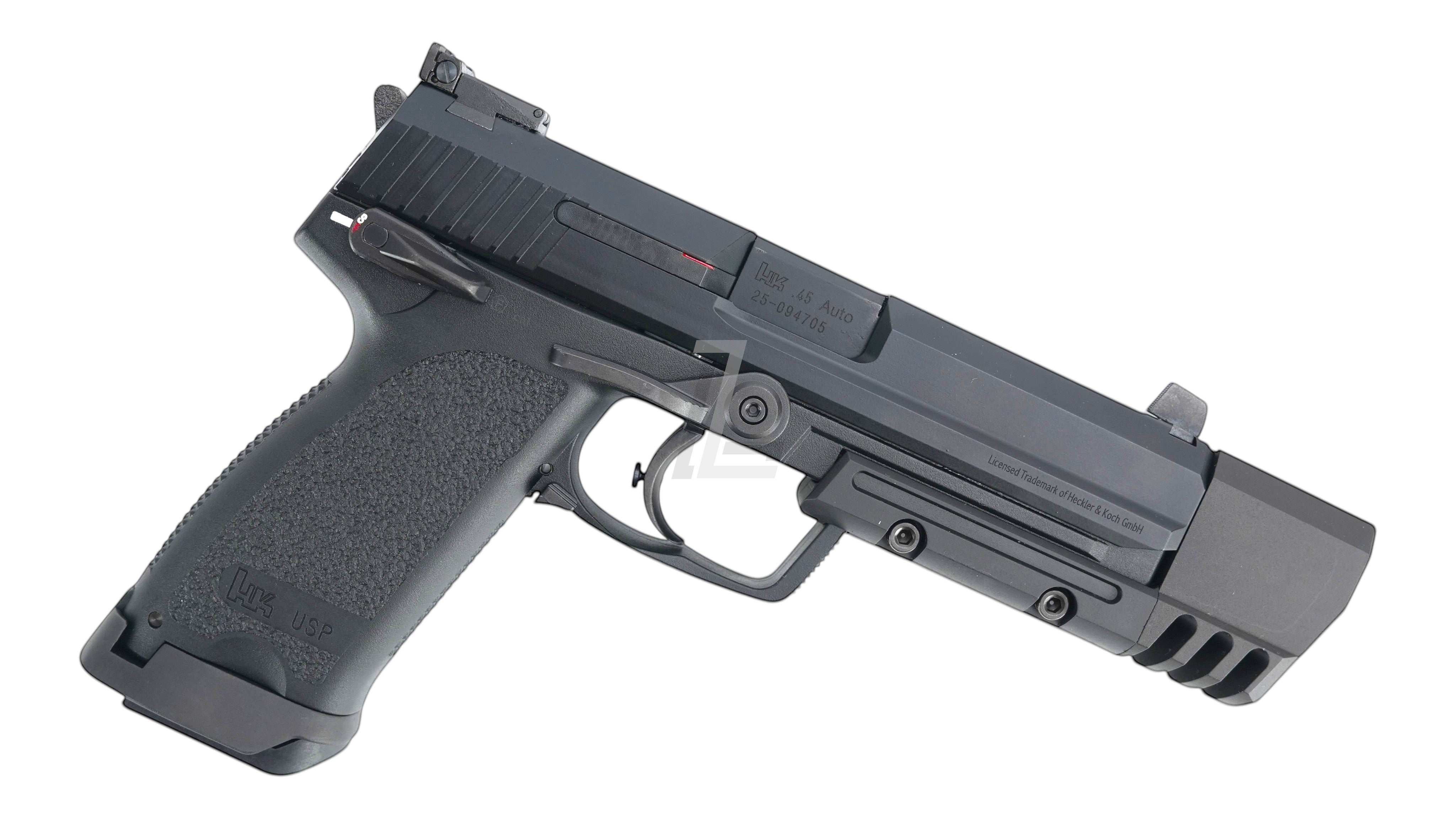 Landing Zone UMAREX KWA USP.45 Match GBB airsoft pistol in black with extended compensator and textured grip