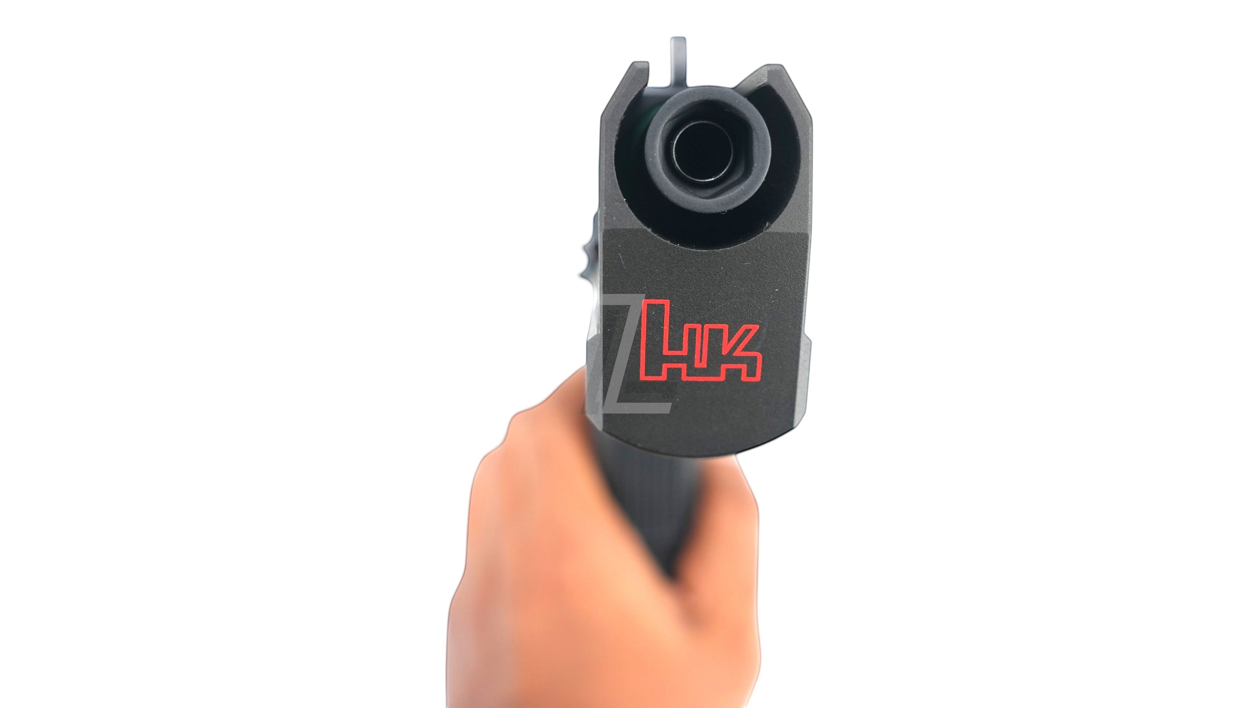 Landing Zone UMAREX KWA USP.45 Match GBB airsoft pistol front view with red HK logo on the compensator