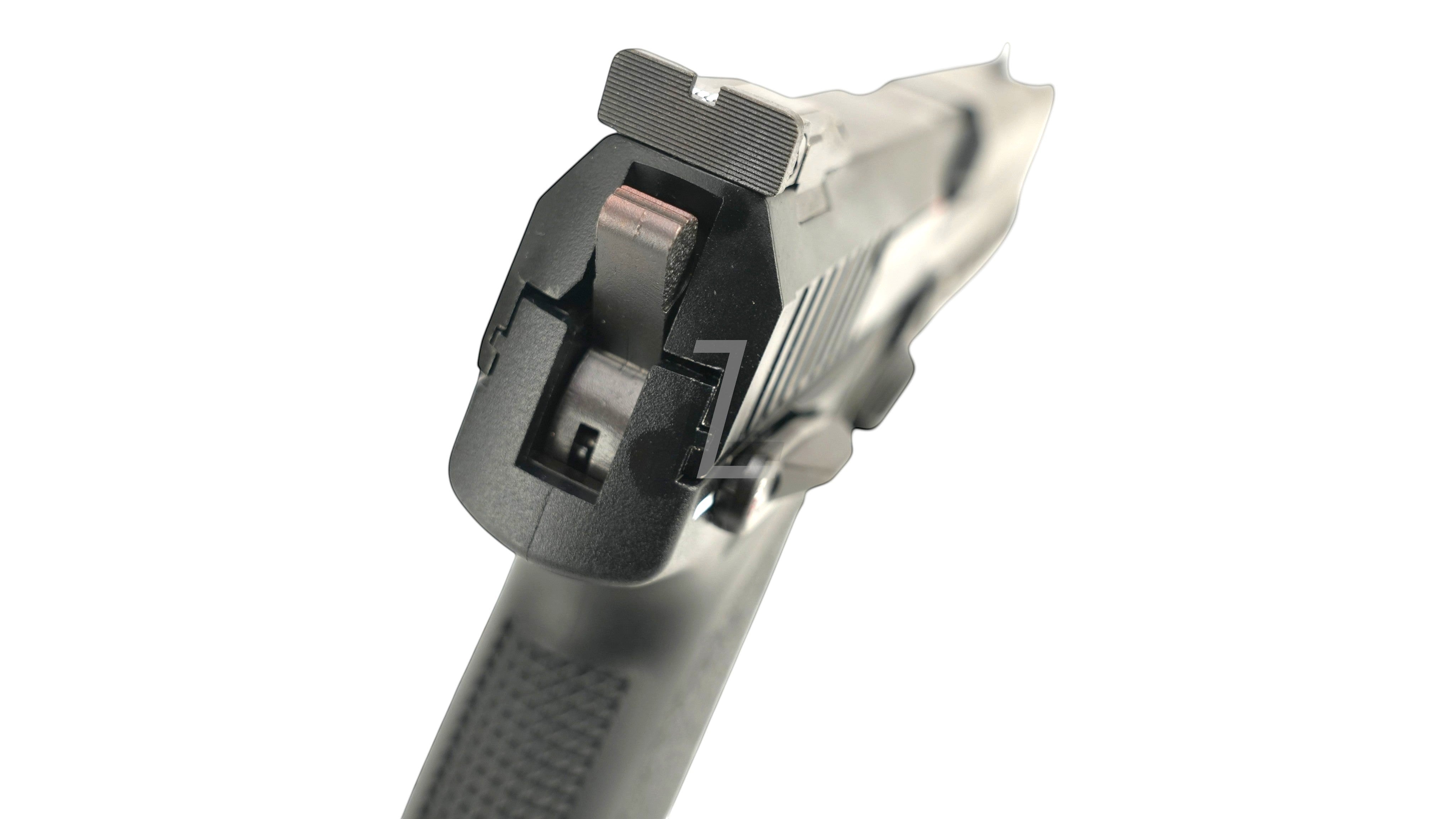 Landing Zone UMAREX KWA USP.45 Match GBB airsoft pistol rear sight view showing black polymer frame and metal slide