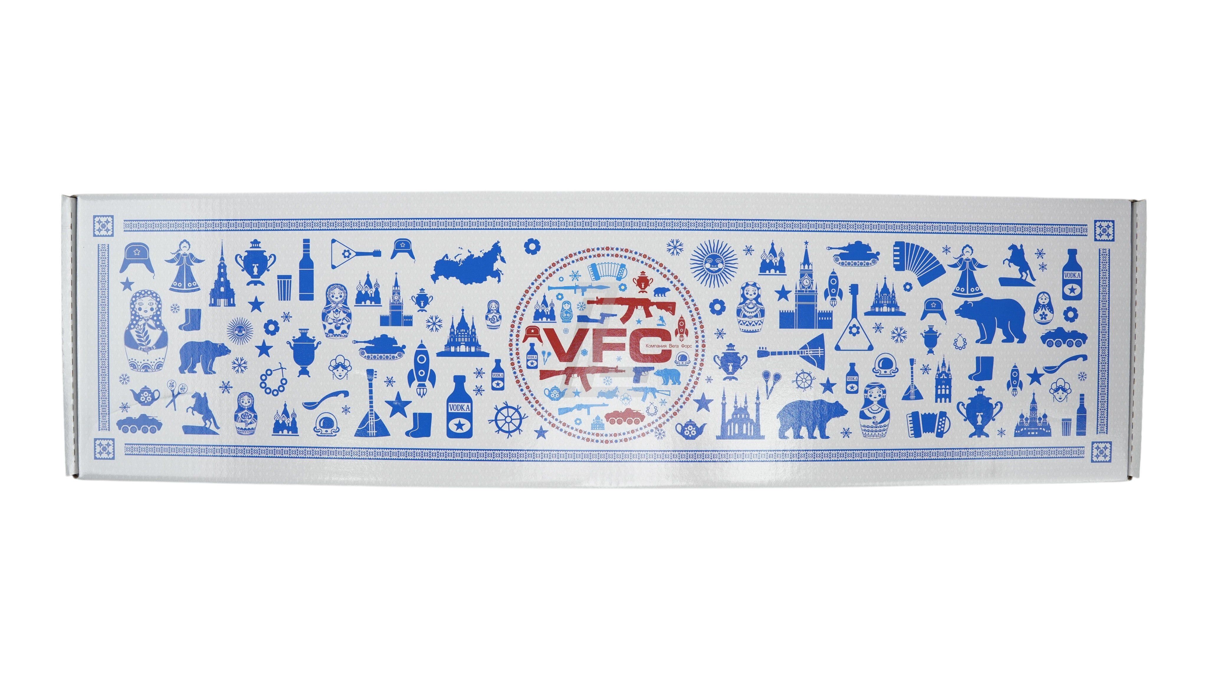Landing Zone VFC AK105 GBB airsoft rifle packaging box with blue and red Russian-themed graphic patterns