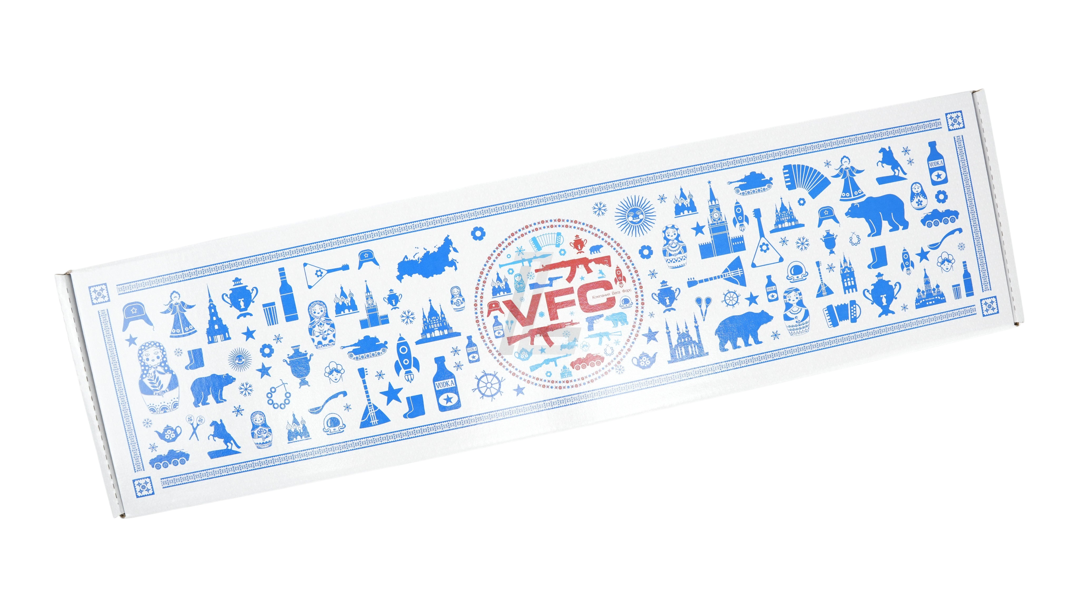 Landing Zone VFC AK105 airsoft rifle packaging box with blue and red Russian-themed graphic design