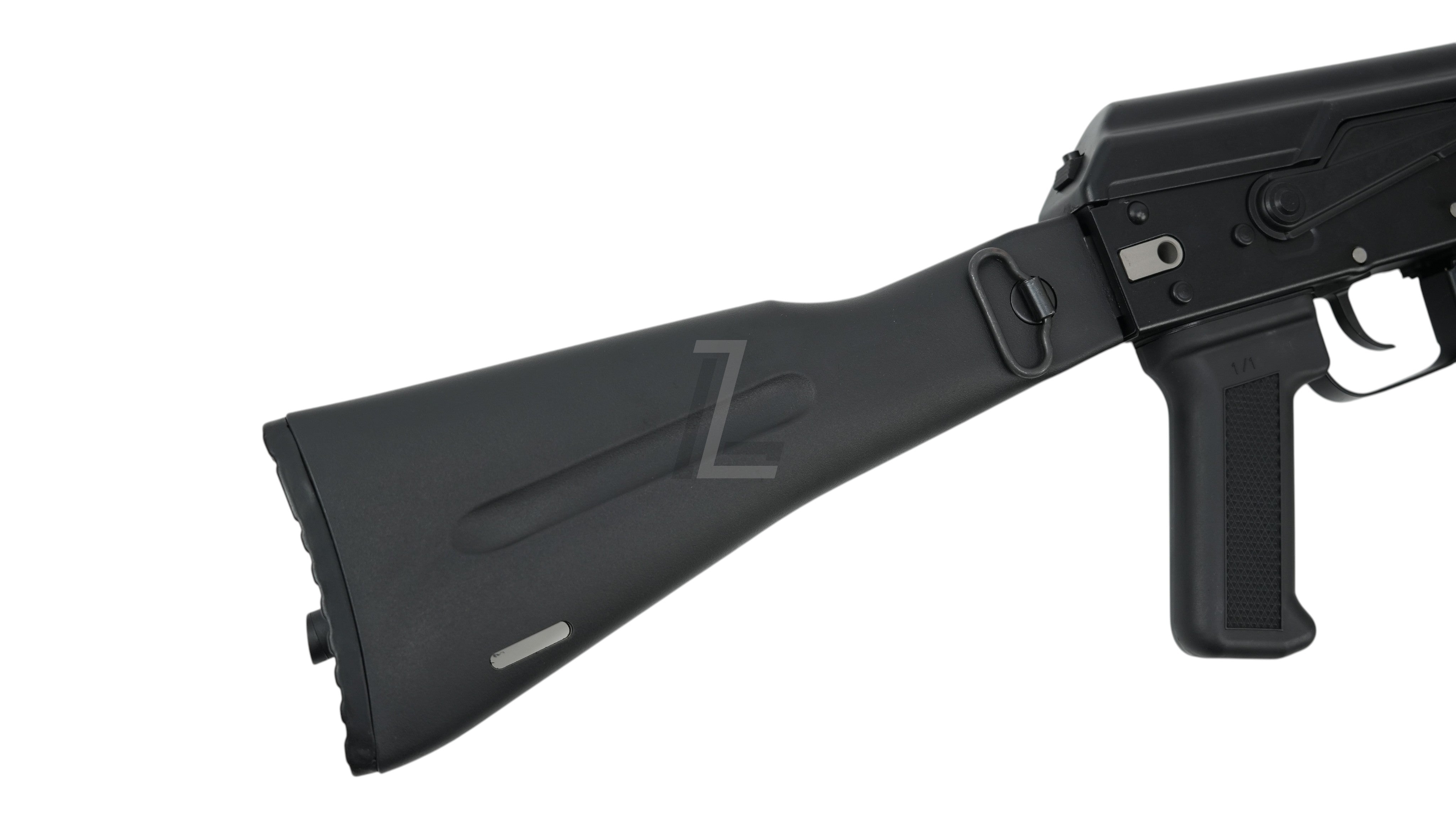 Landing Zone VFC AK105 GBB airsoft rifle showing the black polymer stock and stamped steel receiver detail.
