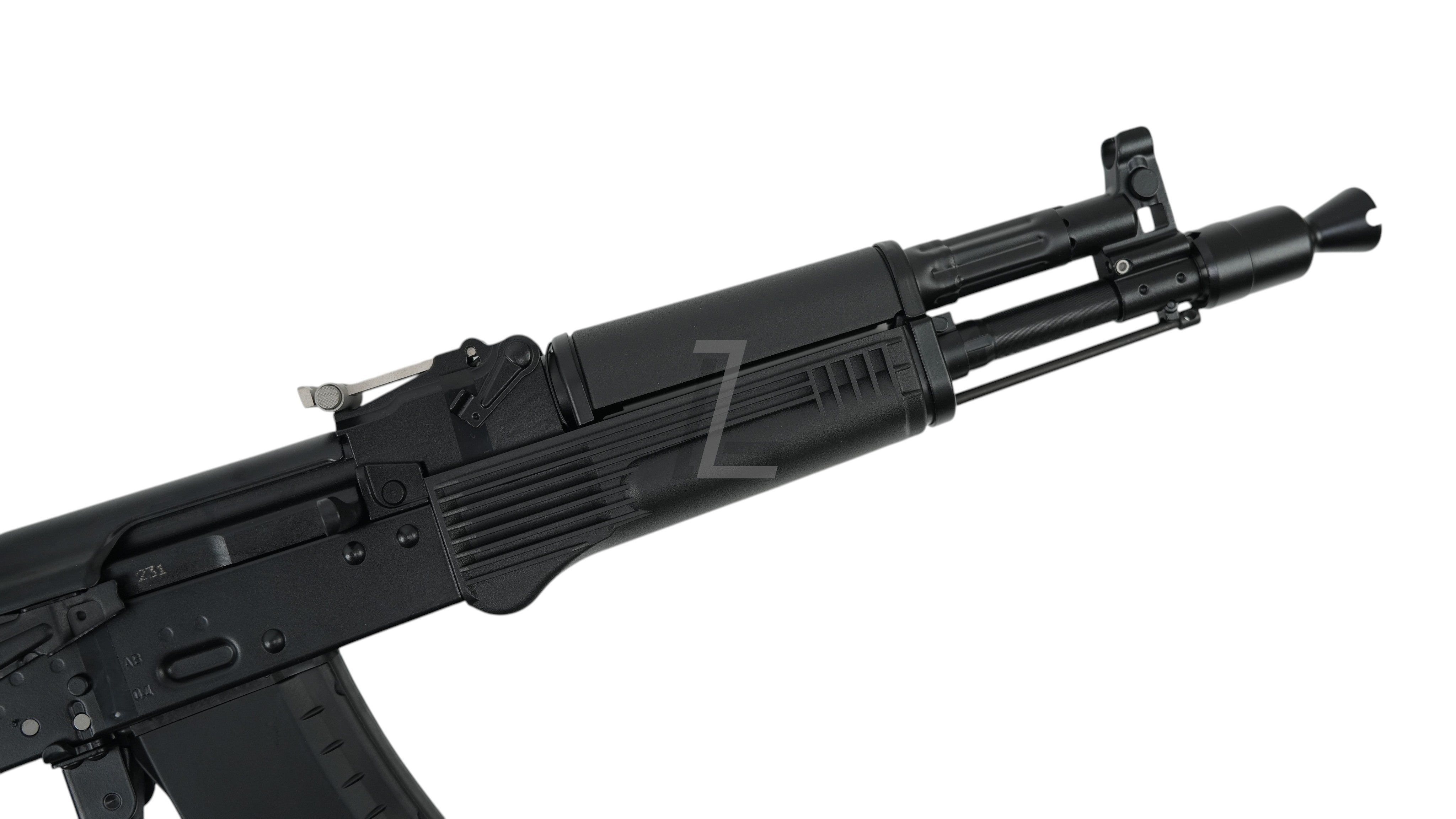Landing Zone VFC AK105 GBB airsoft rifle featuring a black stamped steel receiver and realistic front barrel assembly.
