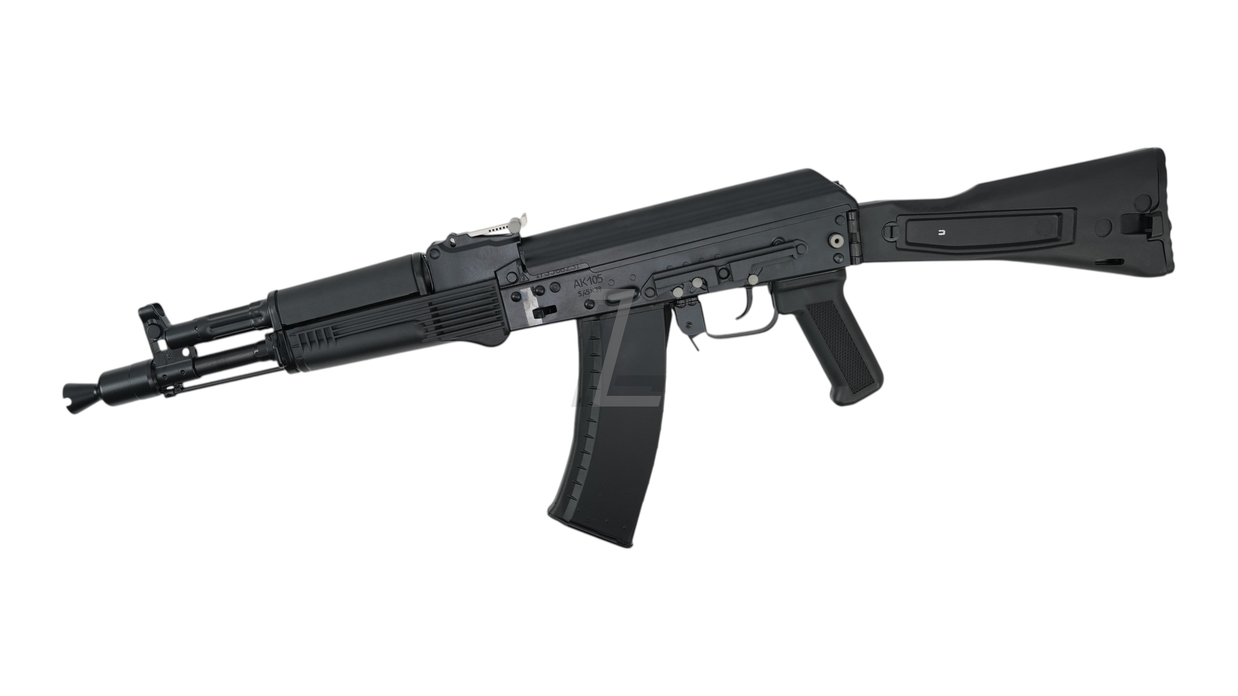 Landing Zone VFC AK105 GBB airsoft rifle with stamped steel receiver and black polymer furniture on white background