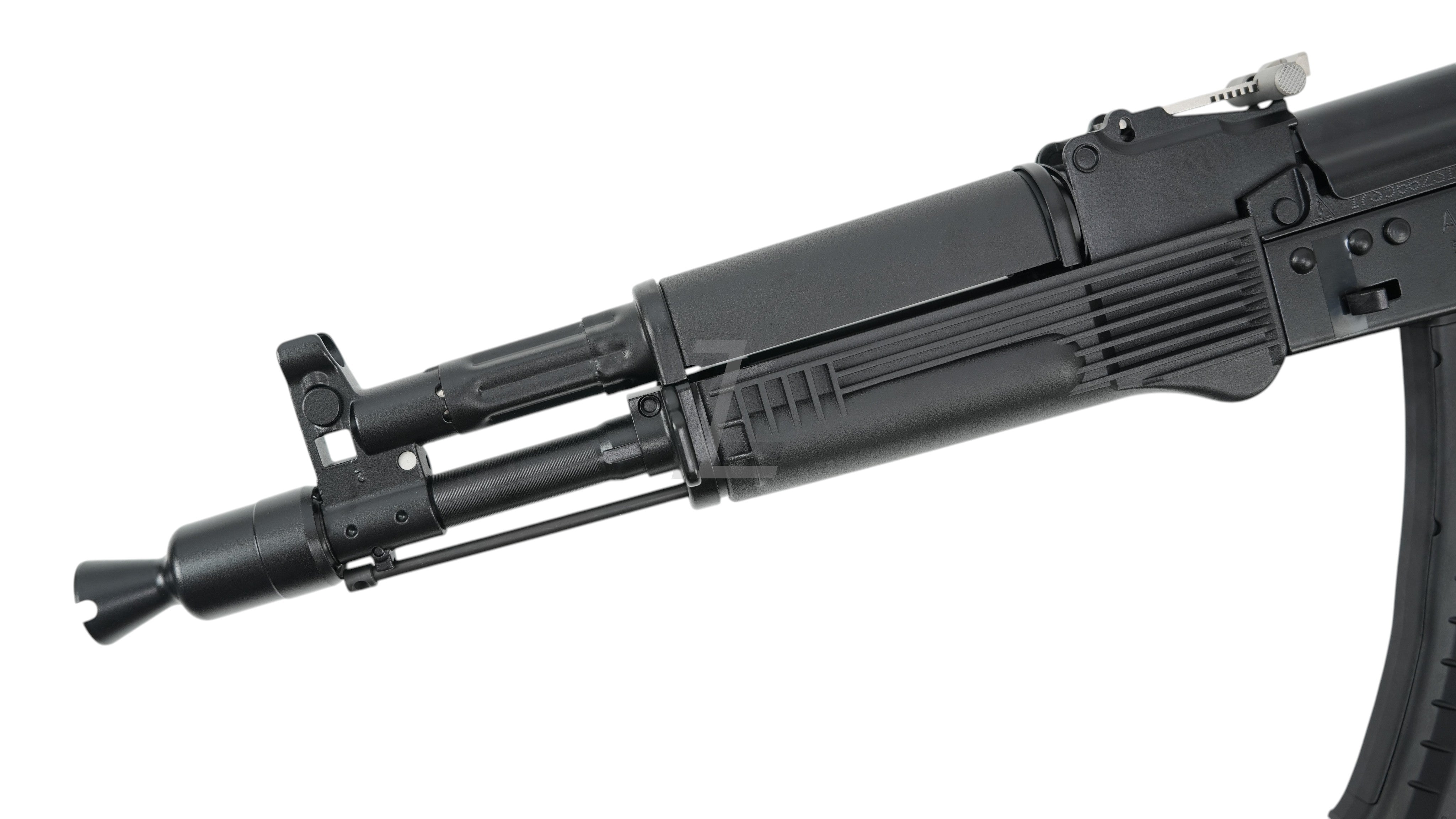 Landing Zone VFC AK105 GBB airsoft rifle featuring a black stamped steel barrel, front sight, and polymer handguard.