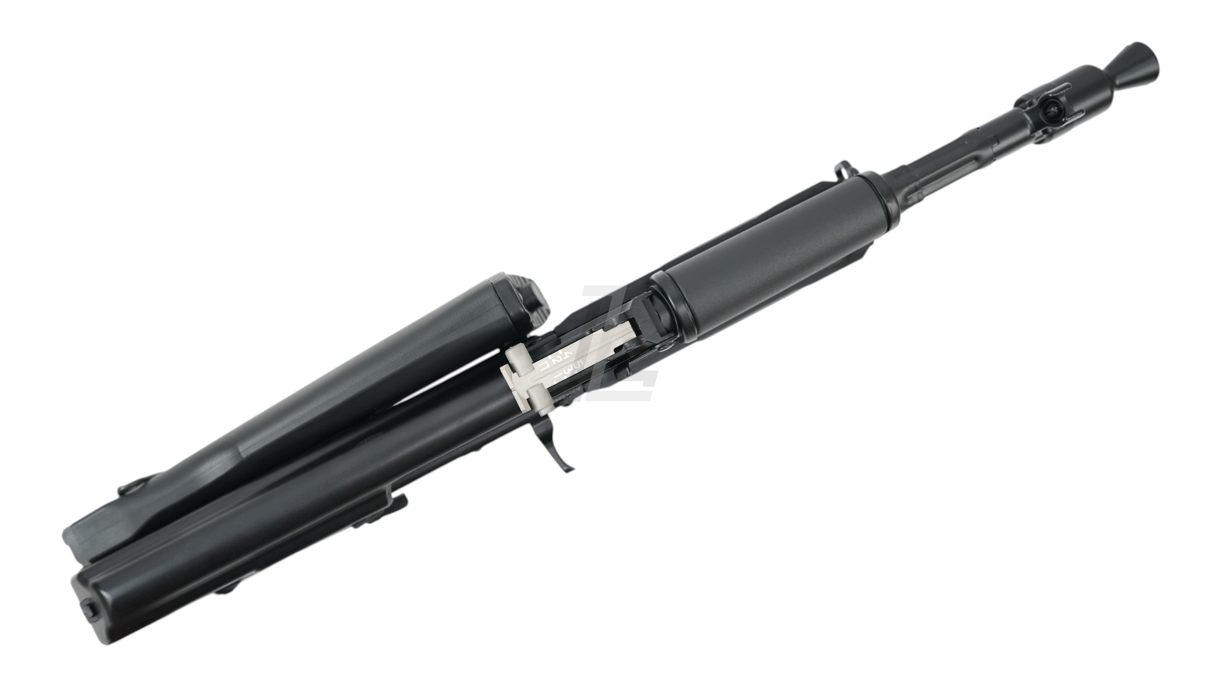 Landing Zone VFC AK105 GBB airsoft rifle with steel receiver and folded stock, showing internal bolt carrier detail.