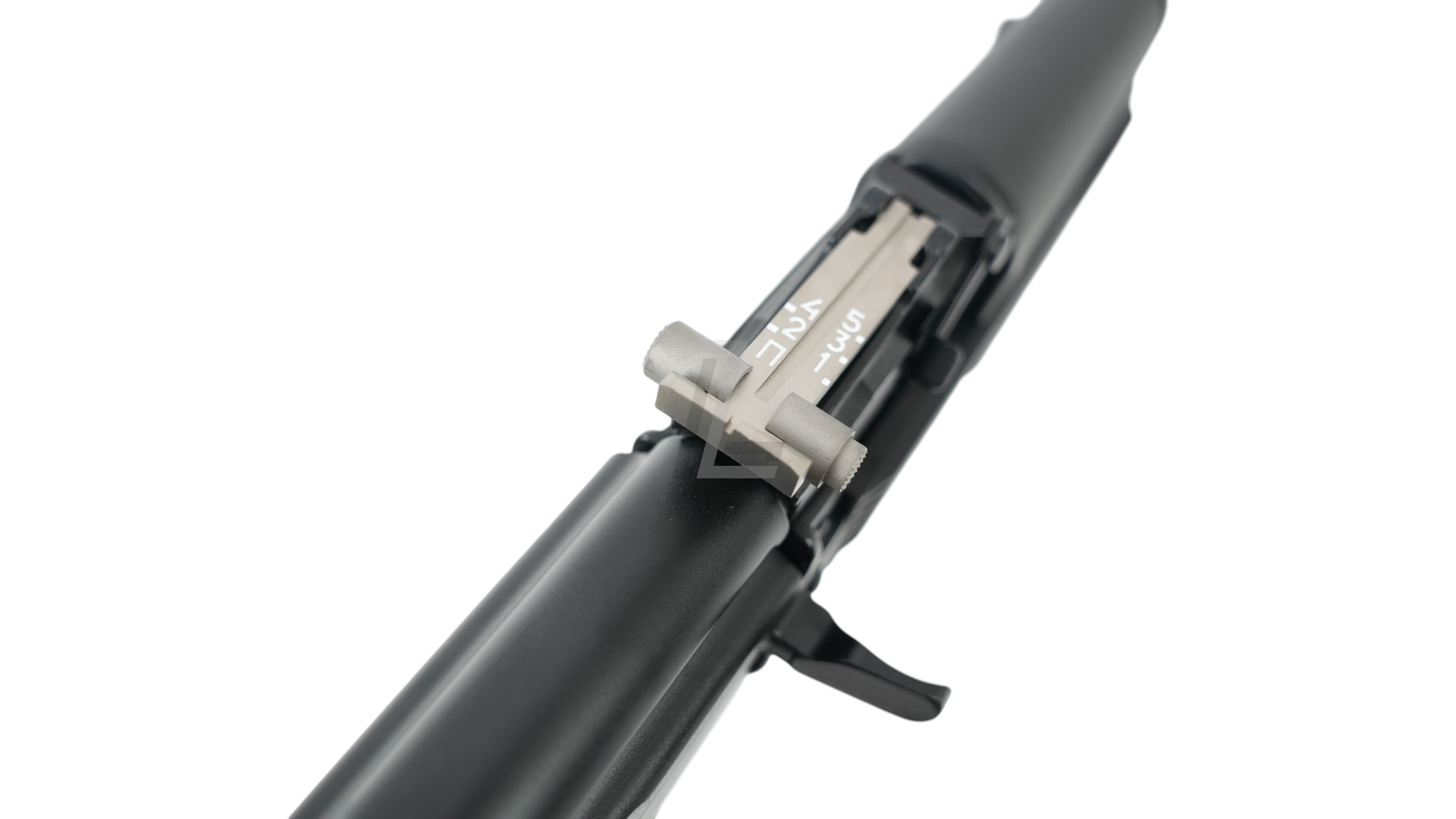 Landing Zone VFC AK105 GBB airsoft rifle showing the detailed rear iron sight and matte black steel receiver.