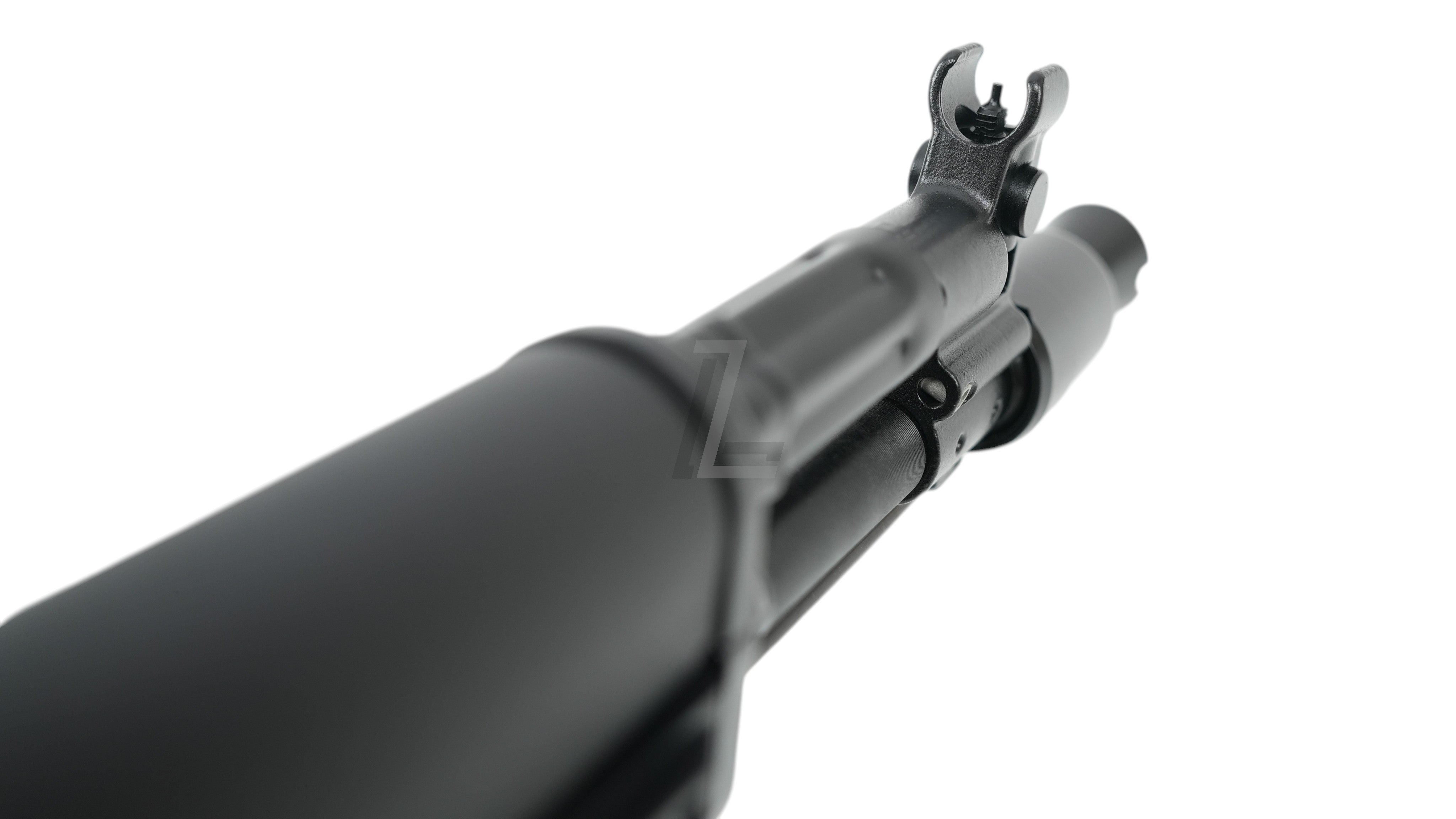 Landing Zone VFC AK105 GBB airsoft rifle featuring a black steel front sight, gas block, and barrel assembly.