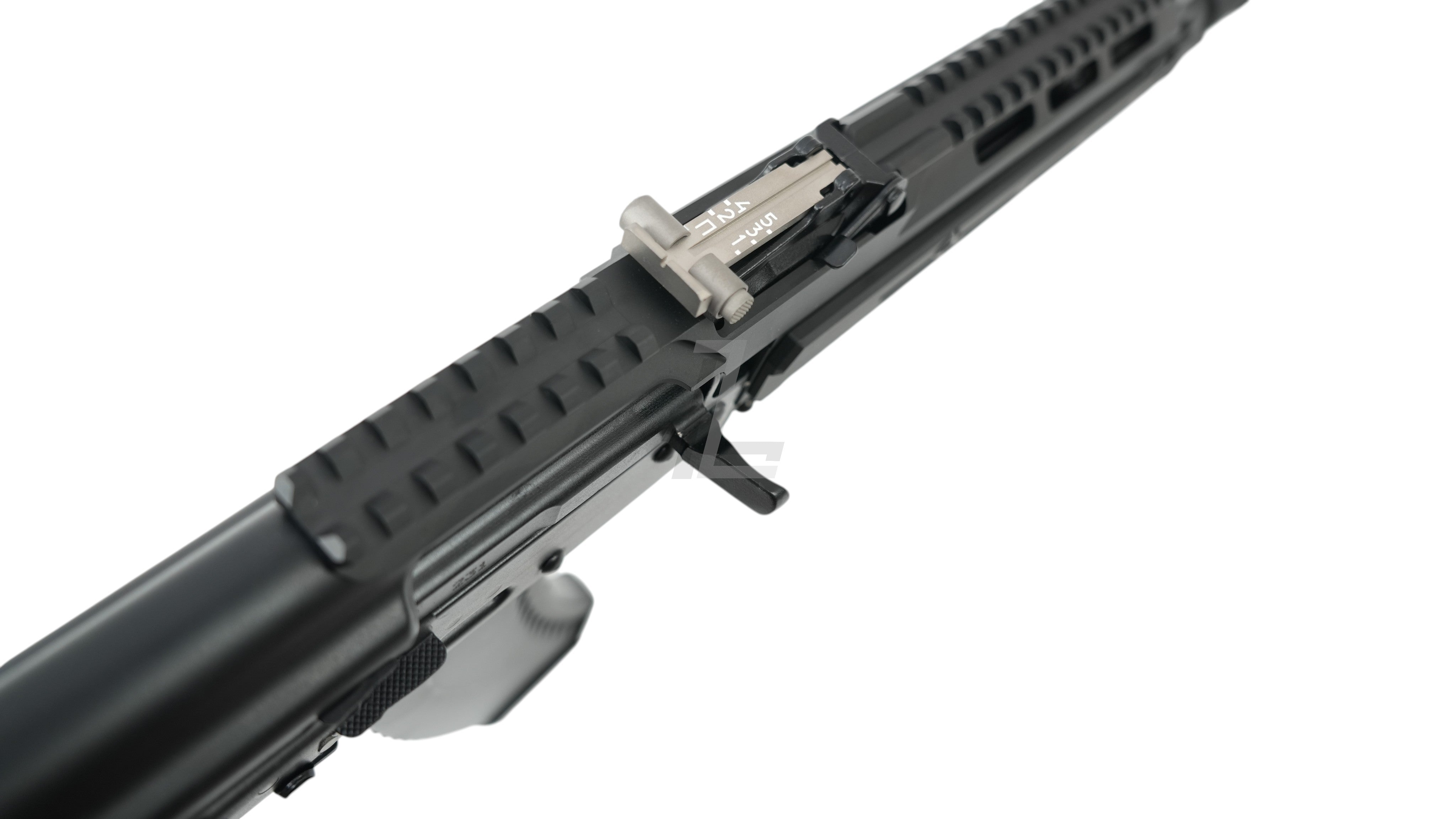 Landing Zone VFC AK105 tactical GBB airsoft rifle top view showing the steel receiver, rail system, and iron sights.