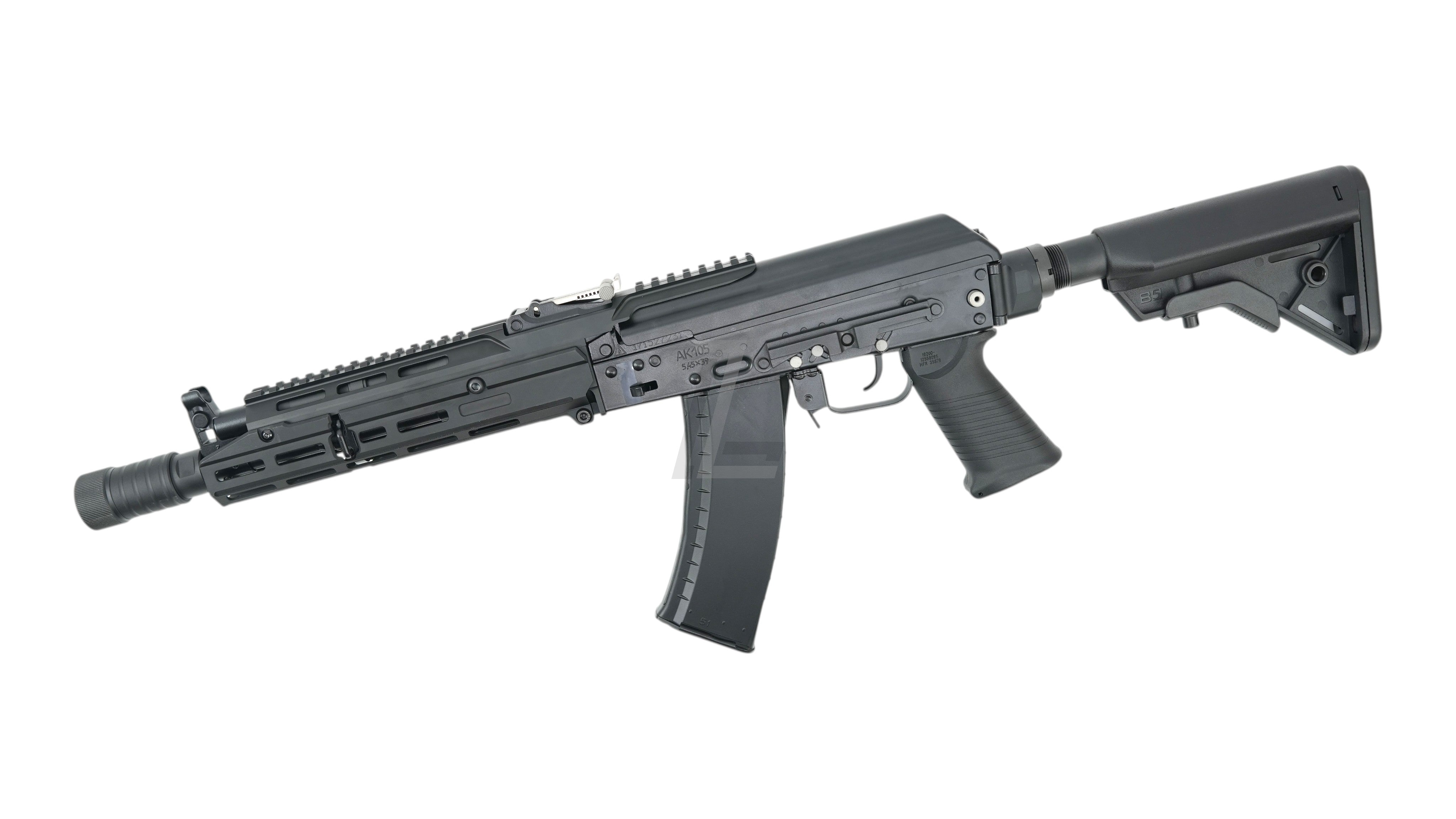 Landing Zone VFC AK105 tactical GBB airsoft rifle in black with M-LOK handguard and retractable B5-style stock