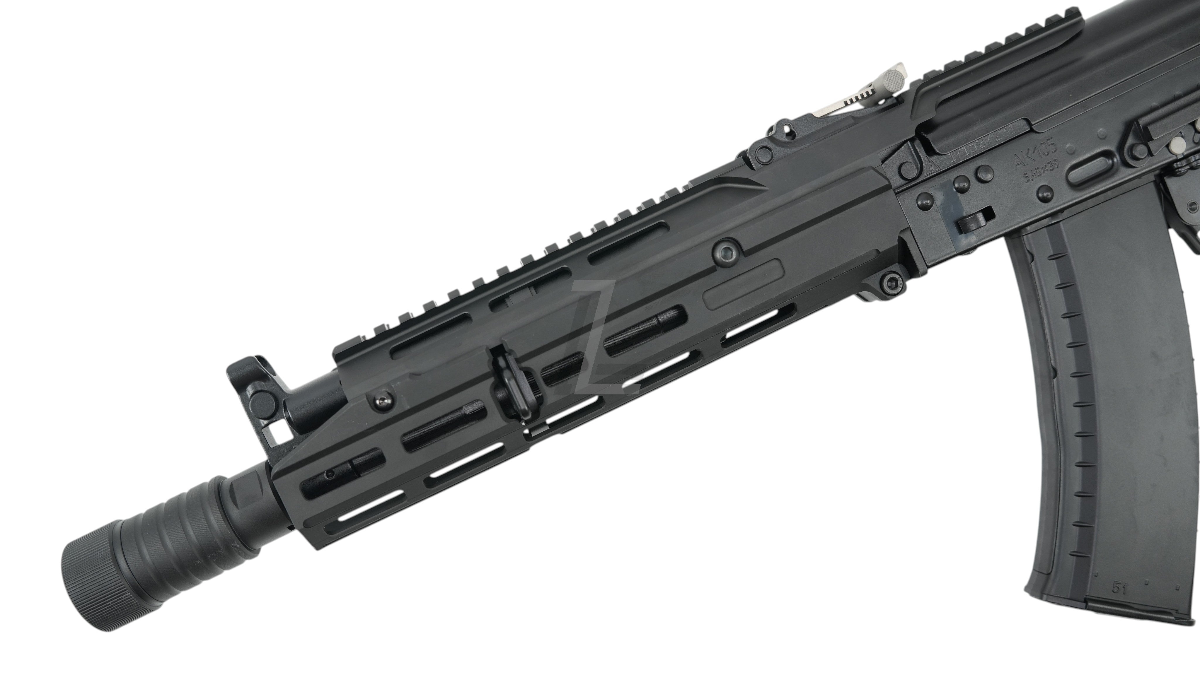 Landing Zone VFC AK105 tactical GBB airsoft rifle featuring a black CNC-machined M-LOK handguard and top rail