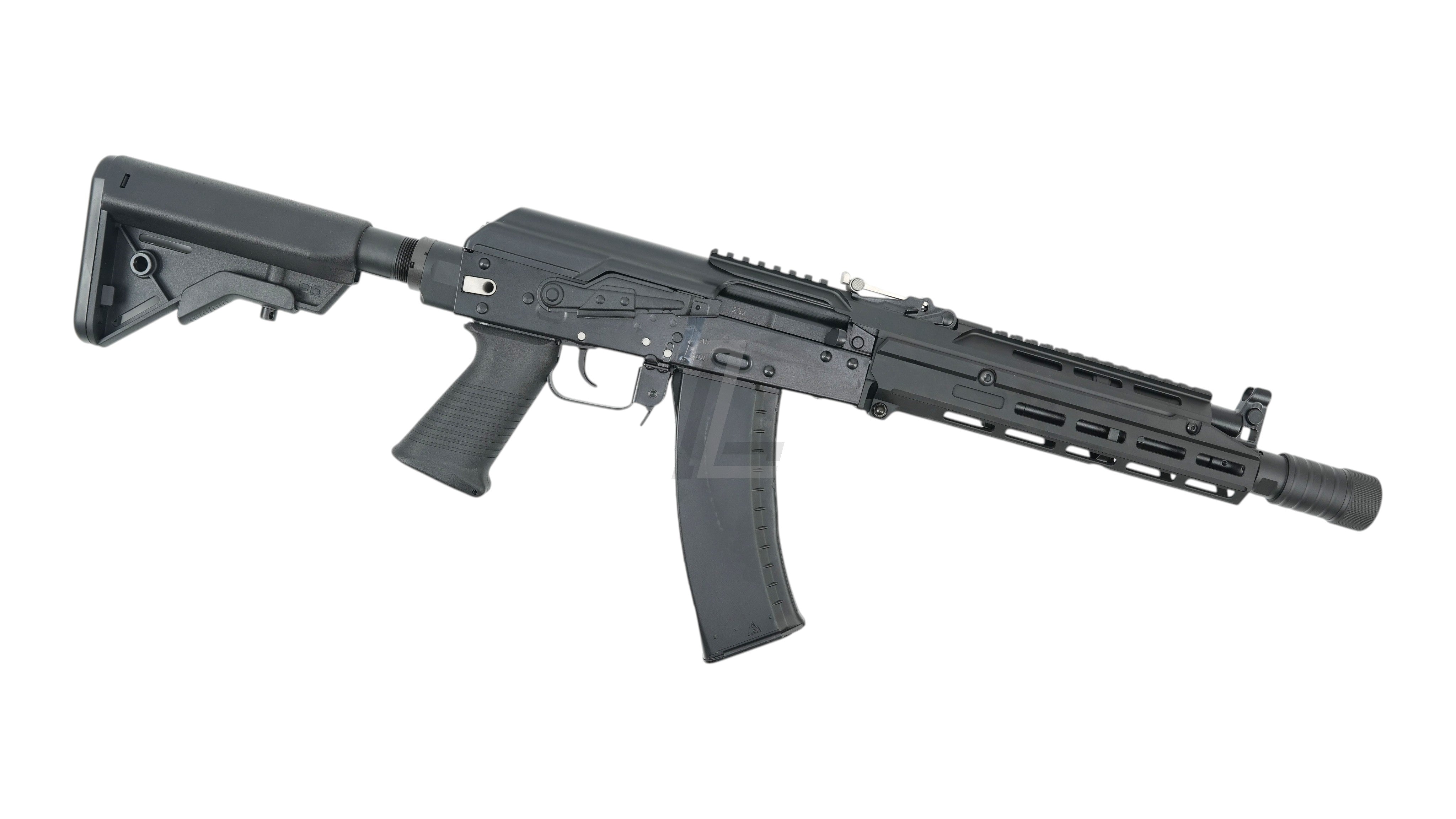 Landing Zone VFC AK105 tactical GBB airsoft rifle in black with M-LOK handguard, rail extension, and retractable stock.