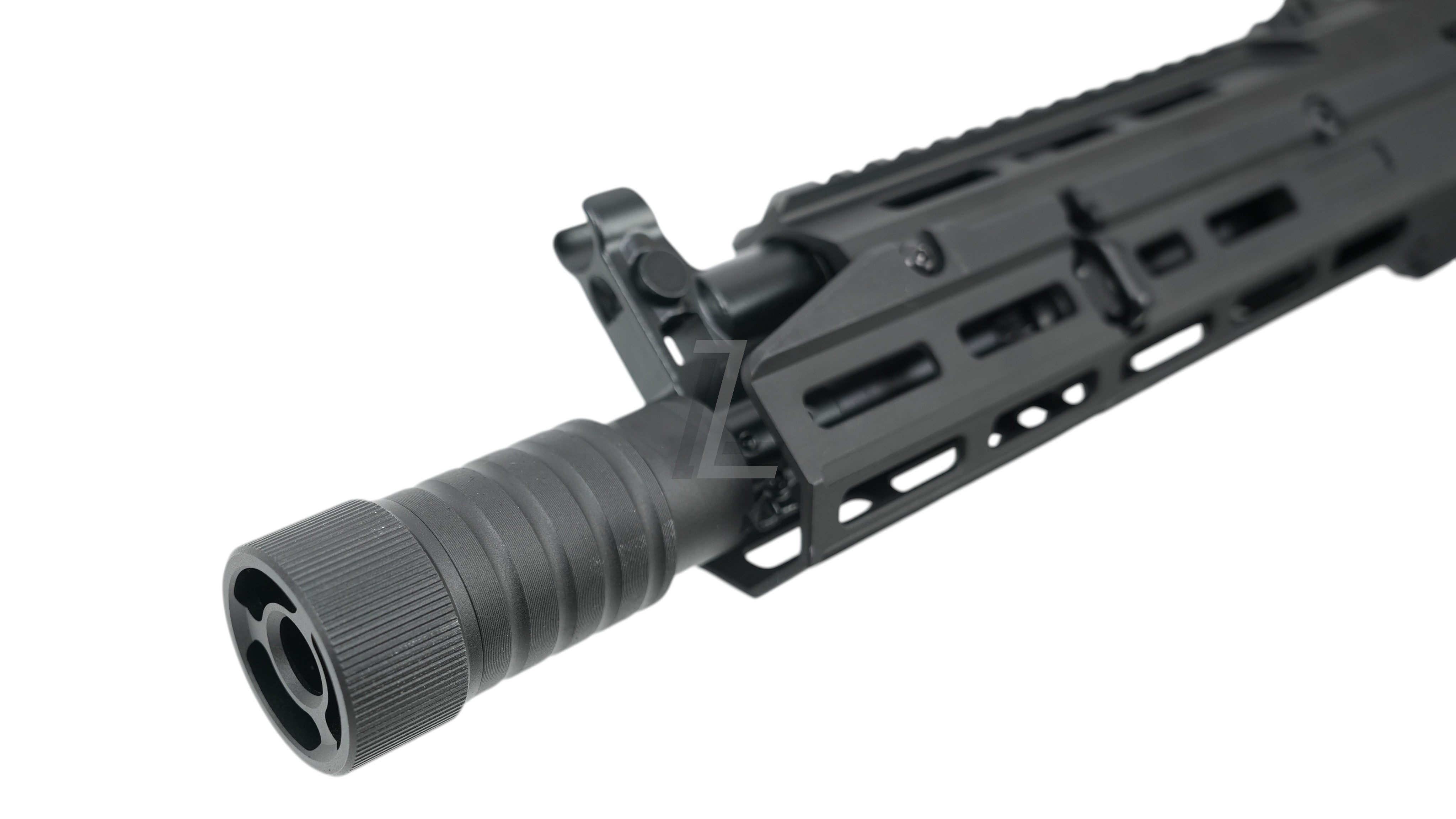 Landing Zone VFC AK105 tactical airsoft rifle featuring a black CNC-machined M-LOK handguard and muzzle device.