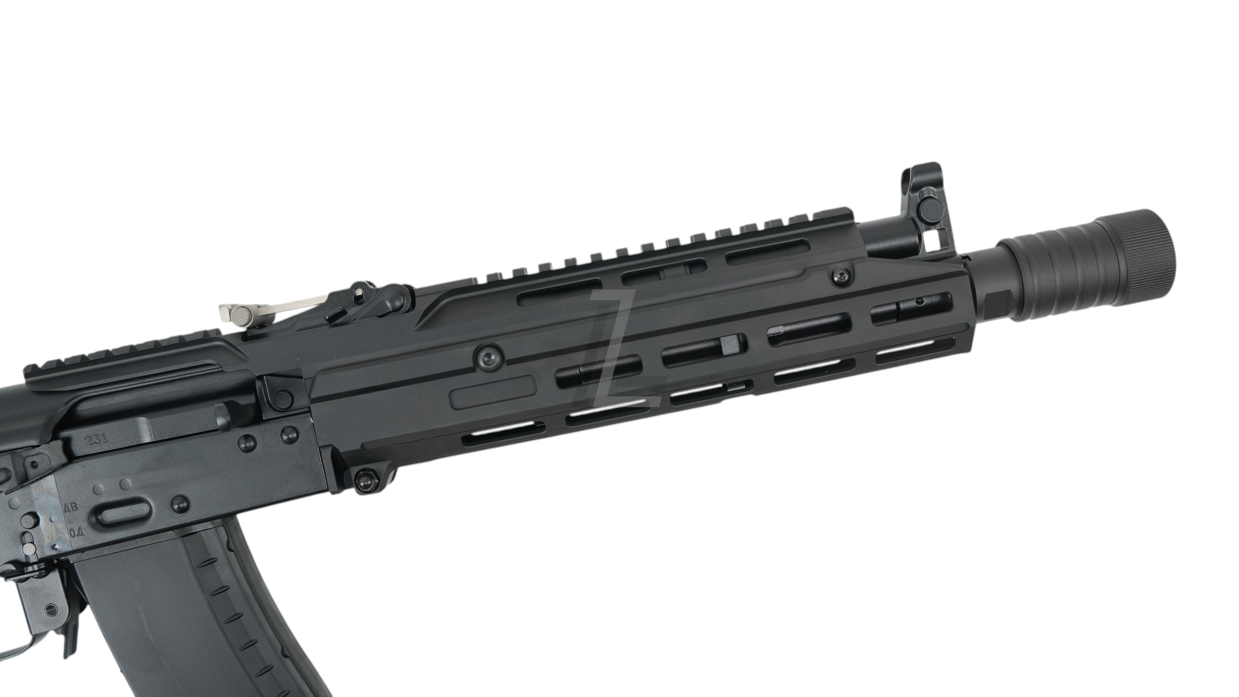 Landing Zone VFC AK105 tactical airsoft rifle featuring a black CNC-machined M-LOK handguard and top rail extension.