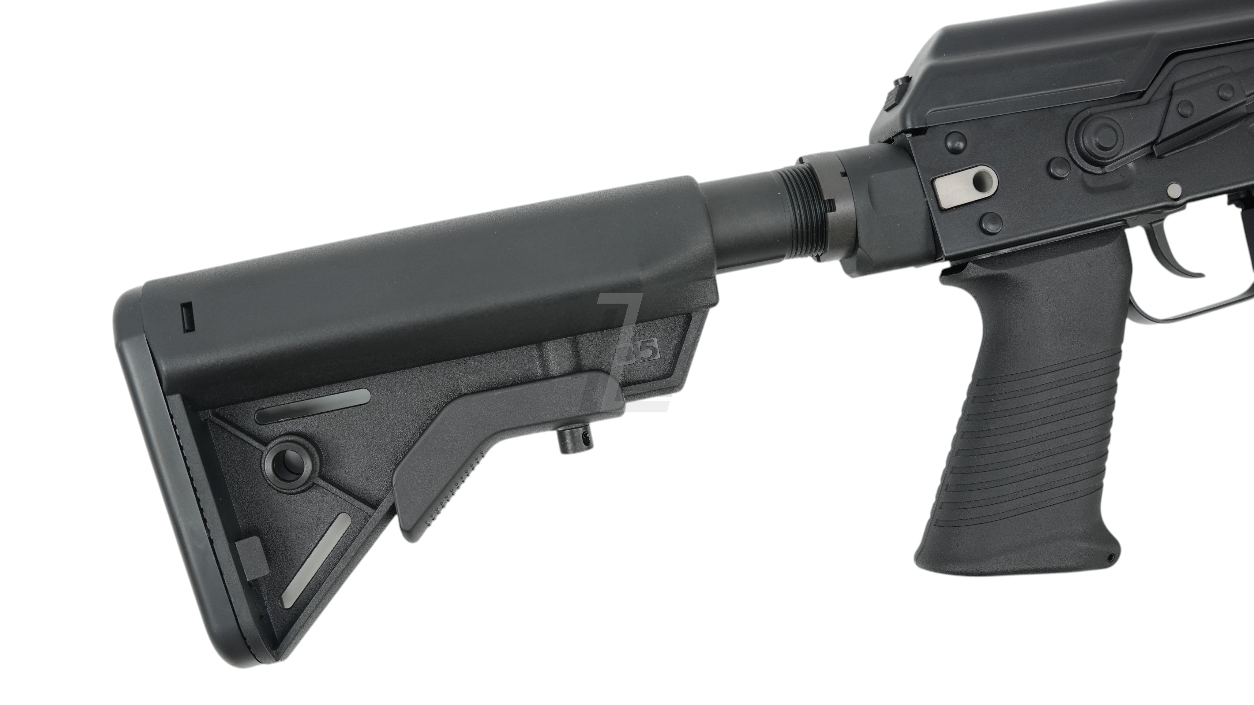 Landing Zone VFC AK105 tactical airsoft rifle featuring a black B5-style retractable stock and SAW-style pistol grip.