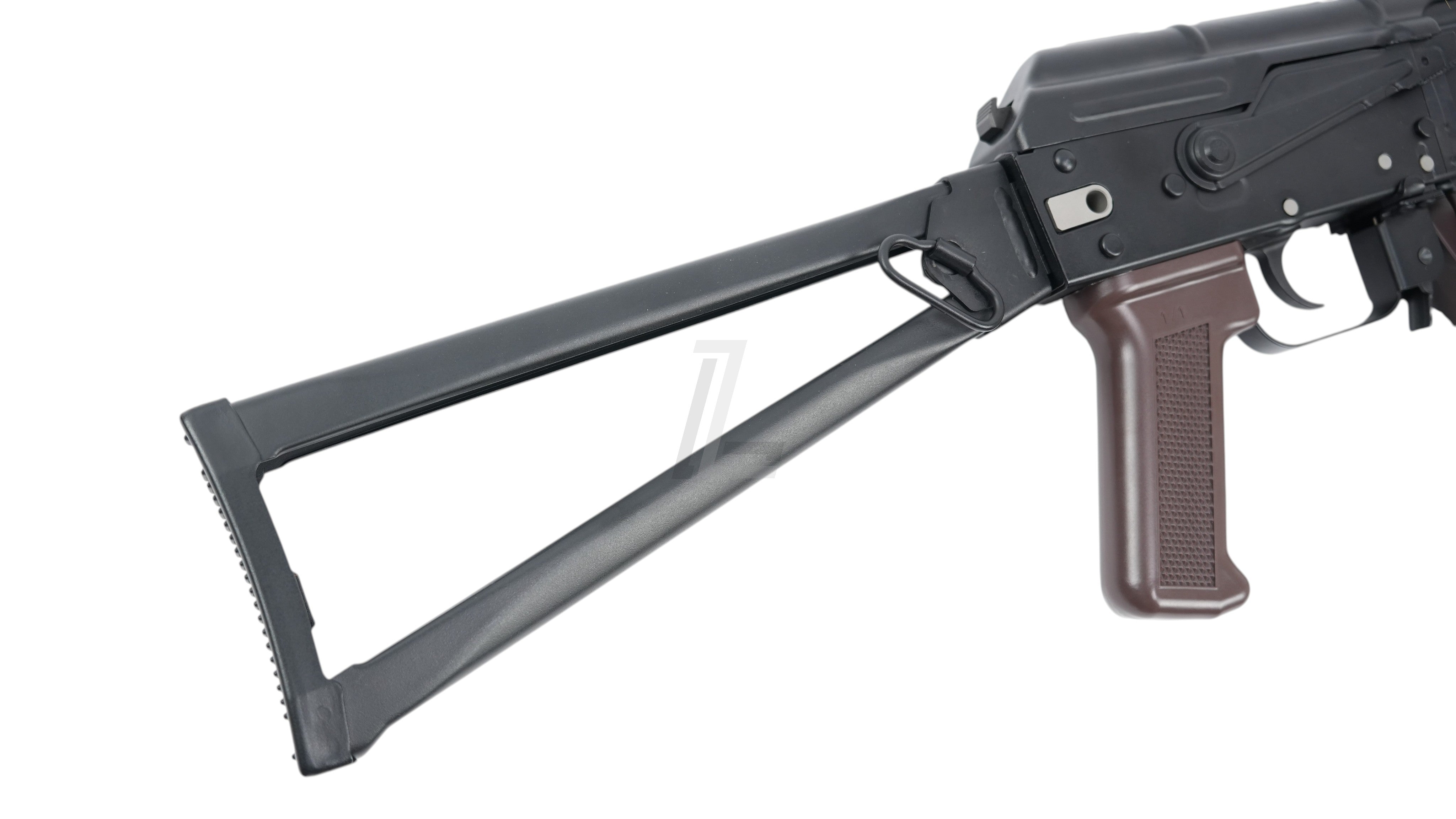 Landing Zone VFC AVS74U AKS74U GBB airsoft rifle showing the black metal folding stock and brown polymer pistol grip