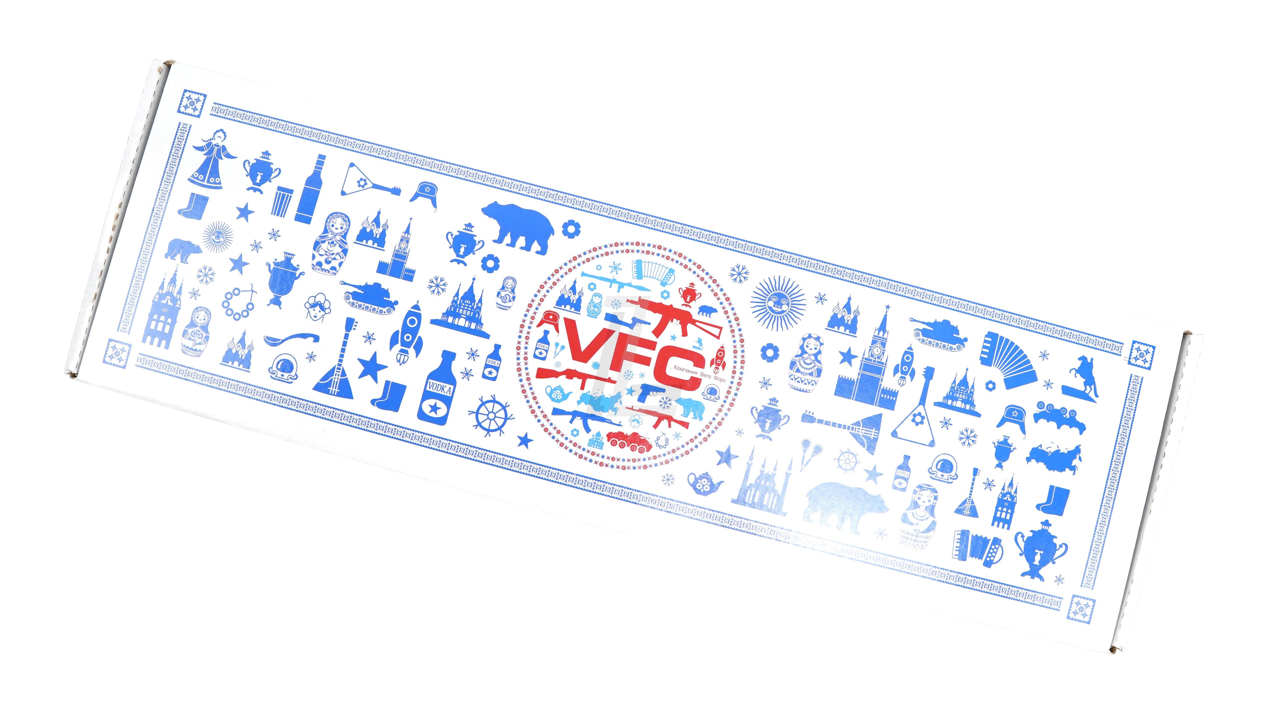 Landing Zone VFC AVS74U/AKS74U GBB rifle packaging box with blue and red Russian-themed graphic design
