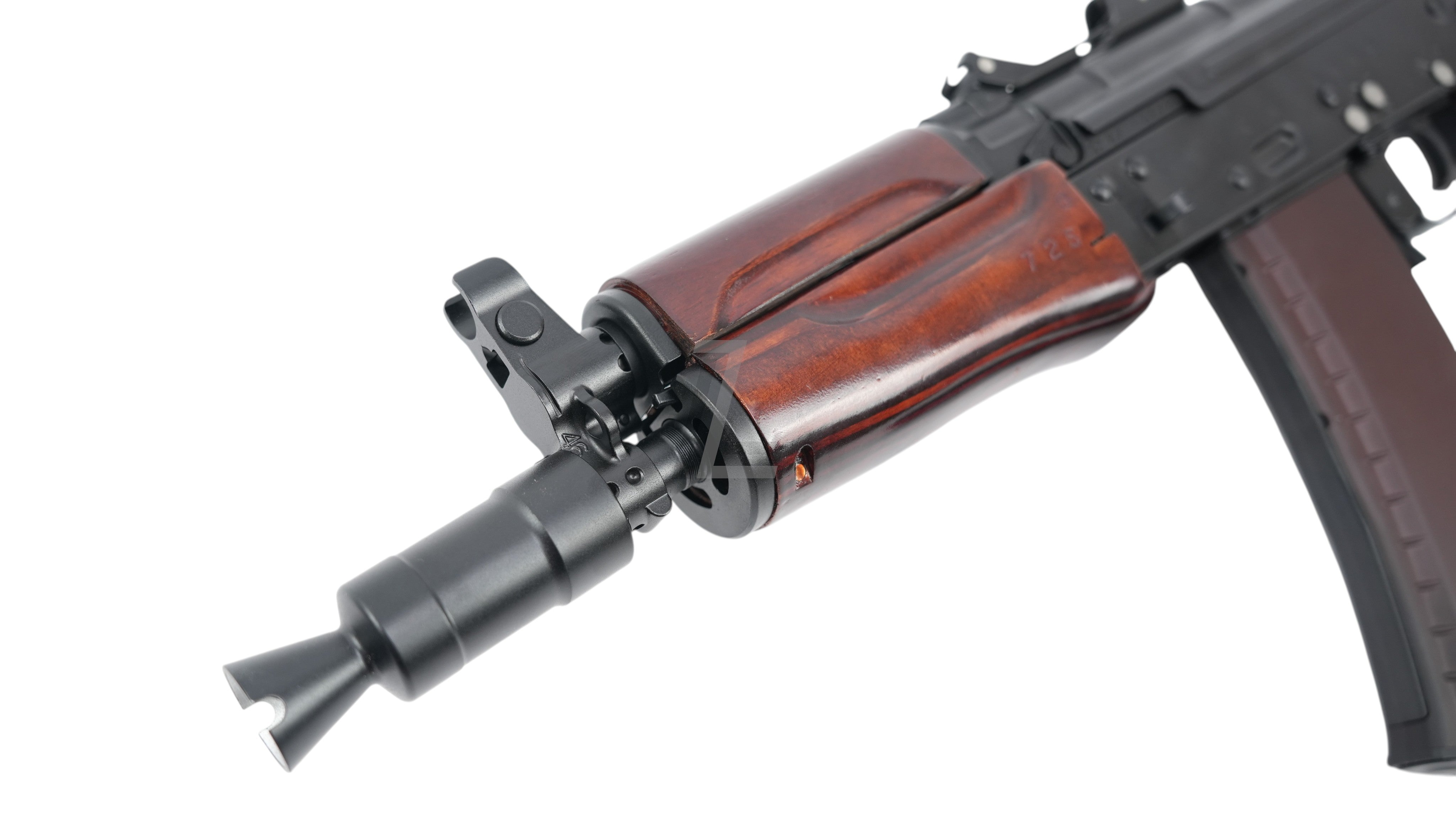 Landing Zone VFC AVS74U AKS74U GBB airsoft rifle featuring a black metal barrel, flash hider, and wooden handguard.