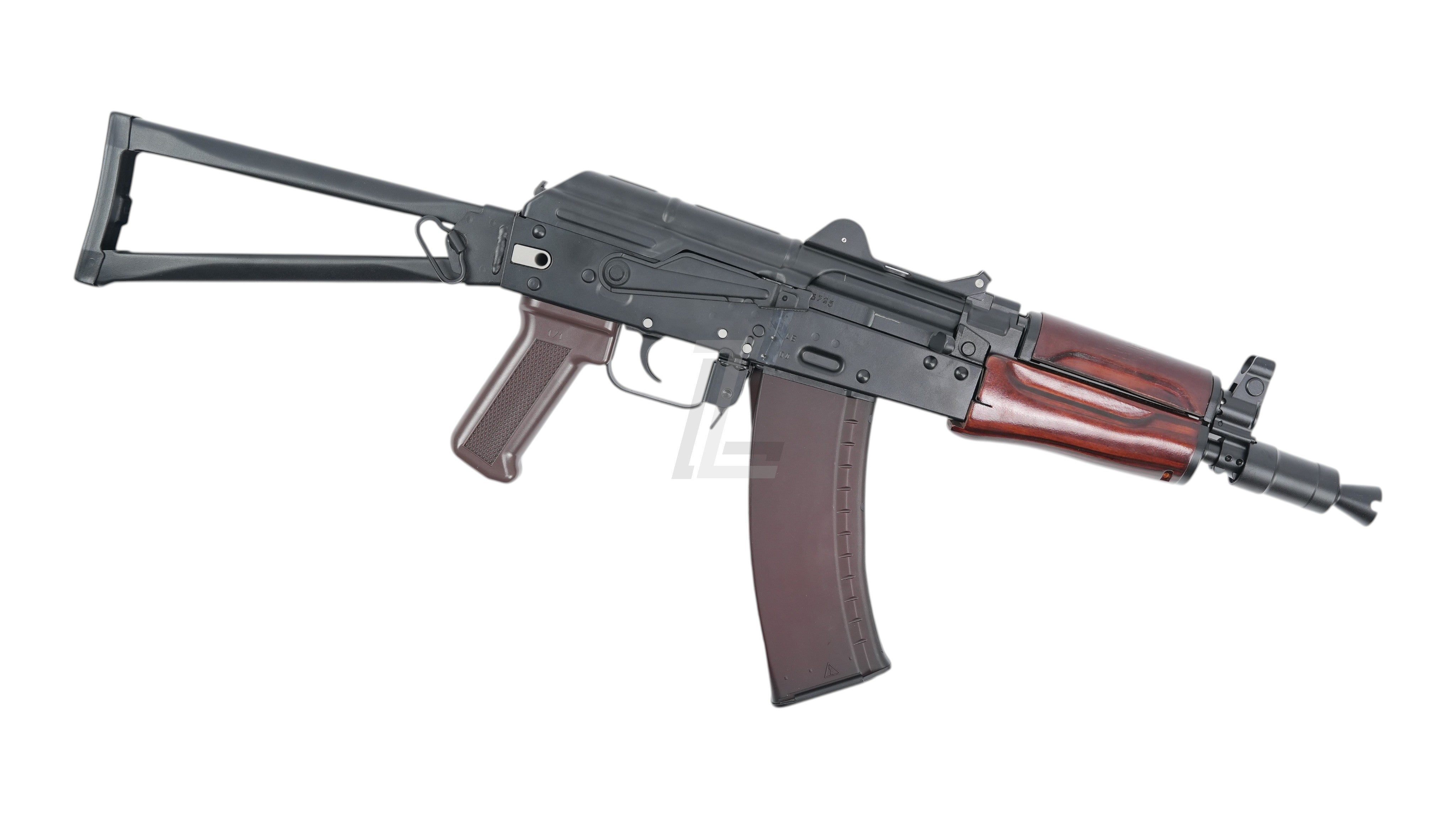Landing Zone VFC AKS74U gas blowback airsoft rifle with black metal receiver, wood handguard, and folding stock.