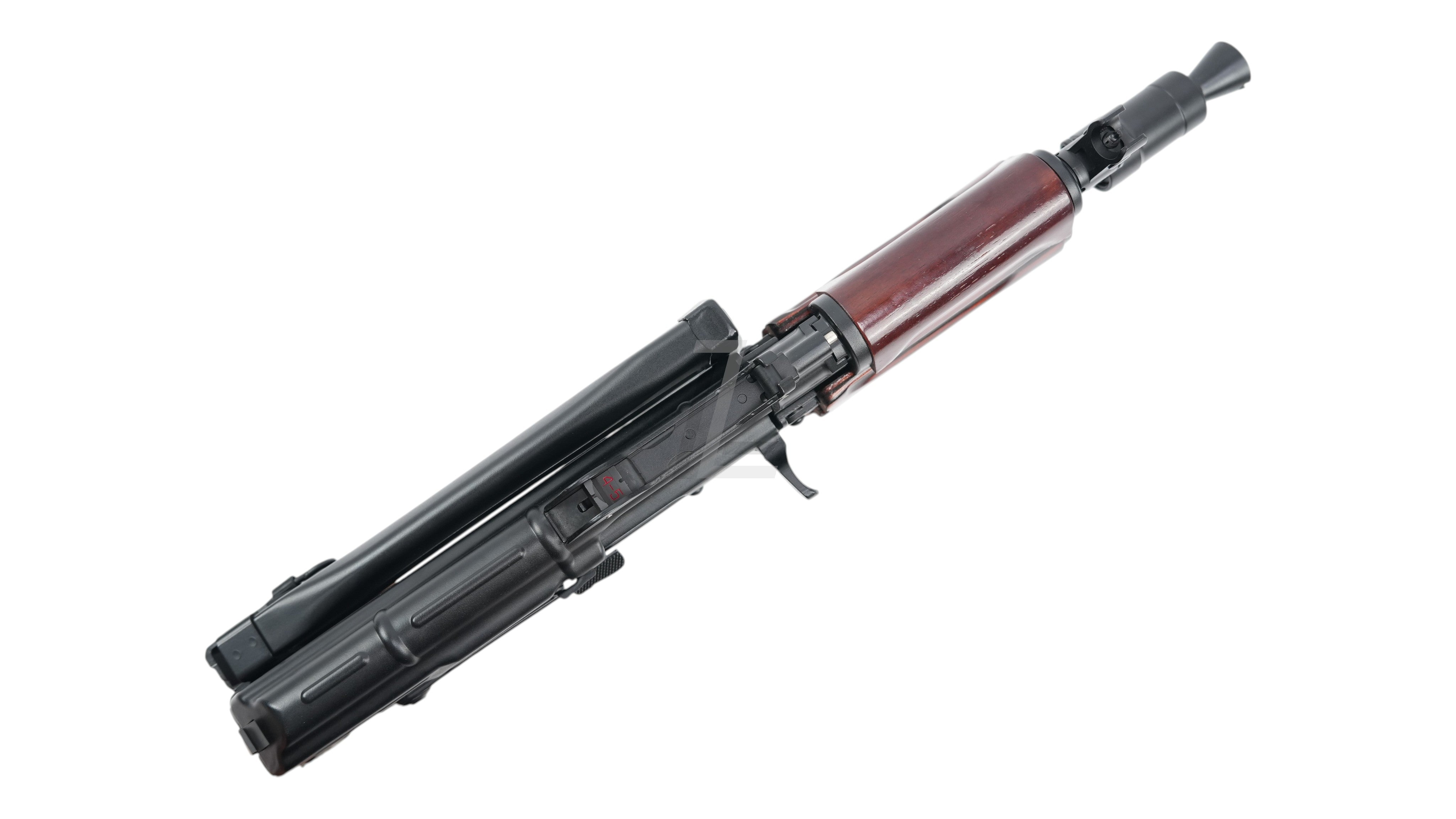 Landing Zone VFC AVS74U AKS74U gas blowback rifle with wood handguard and folding stock, top-down view
