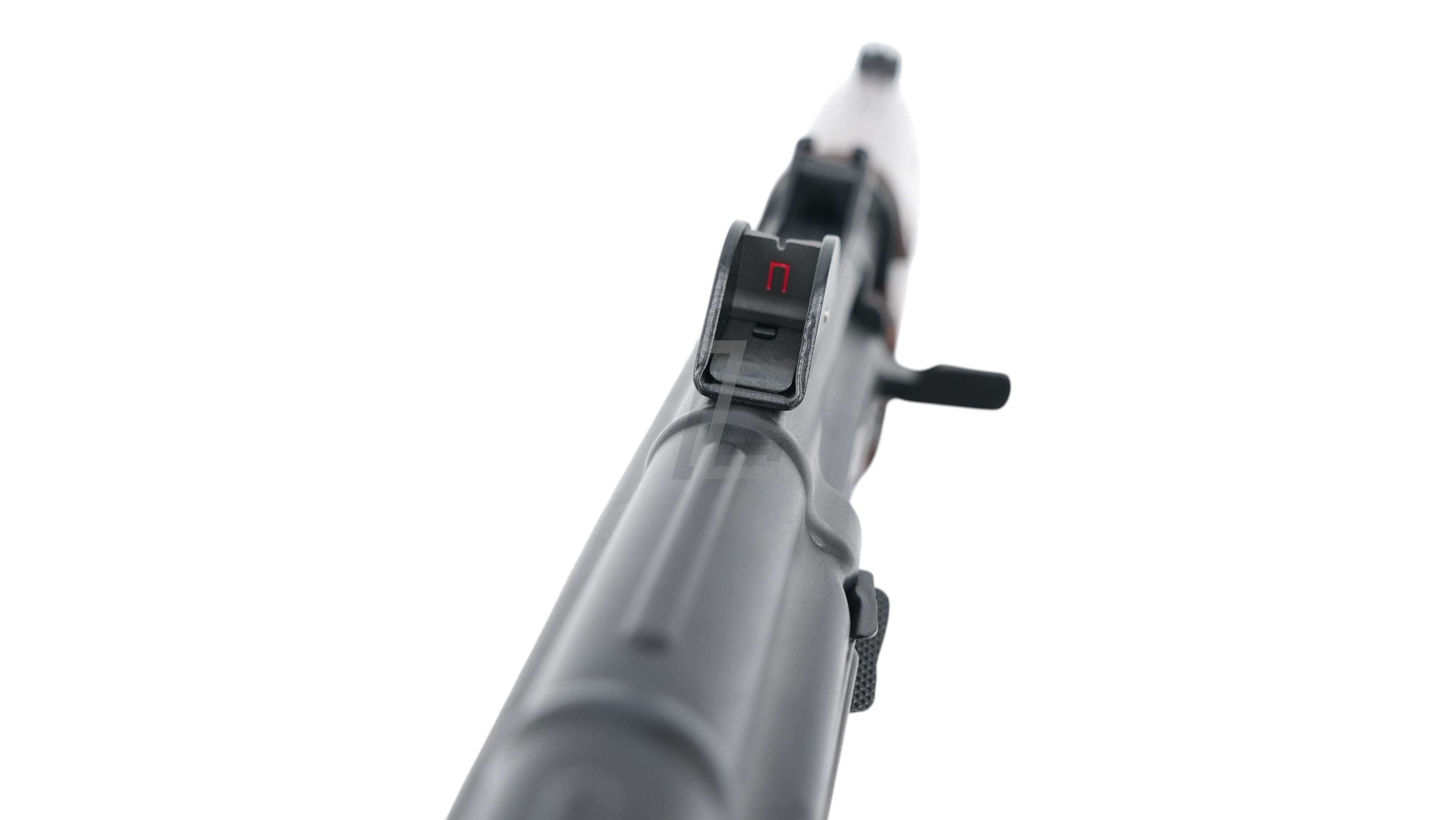 Landing Zone VFC AVS74U AKS74U GBB rifle iron sights view with red markings on the rear sight