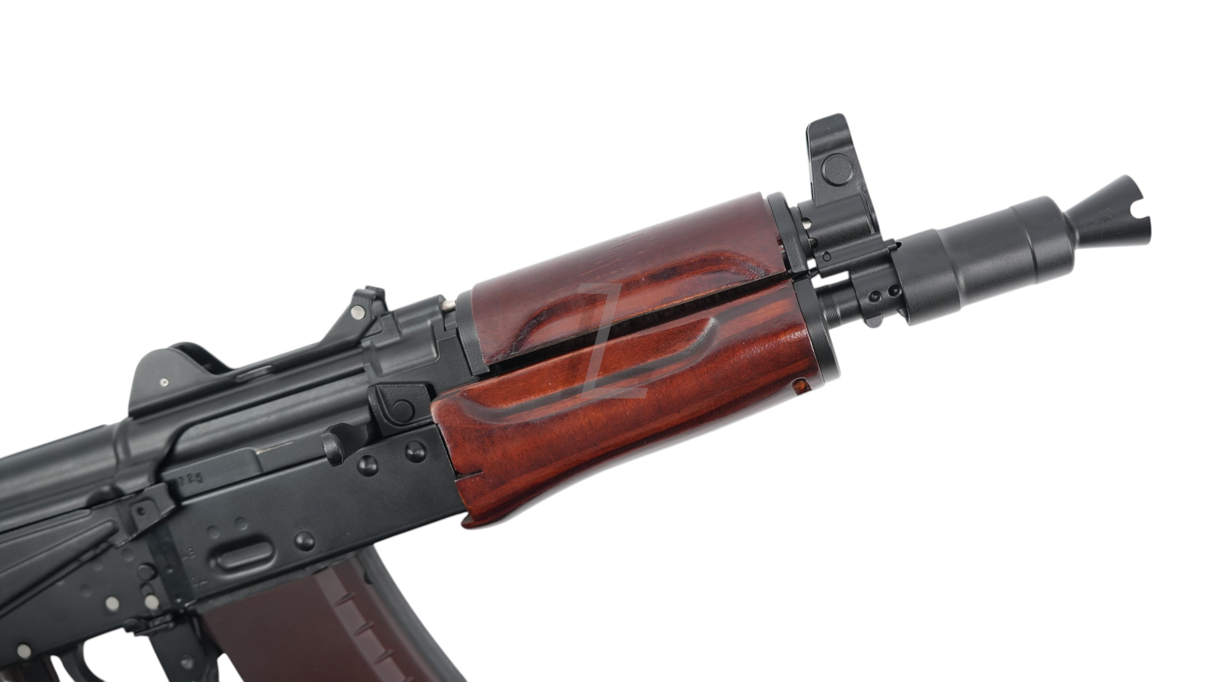 Landing Zone VFC AVS74U AKS74U GBB airsoft rifle featuring a black metal receiver and dark wood handguard