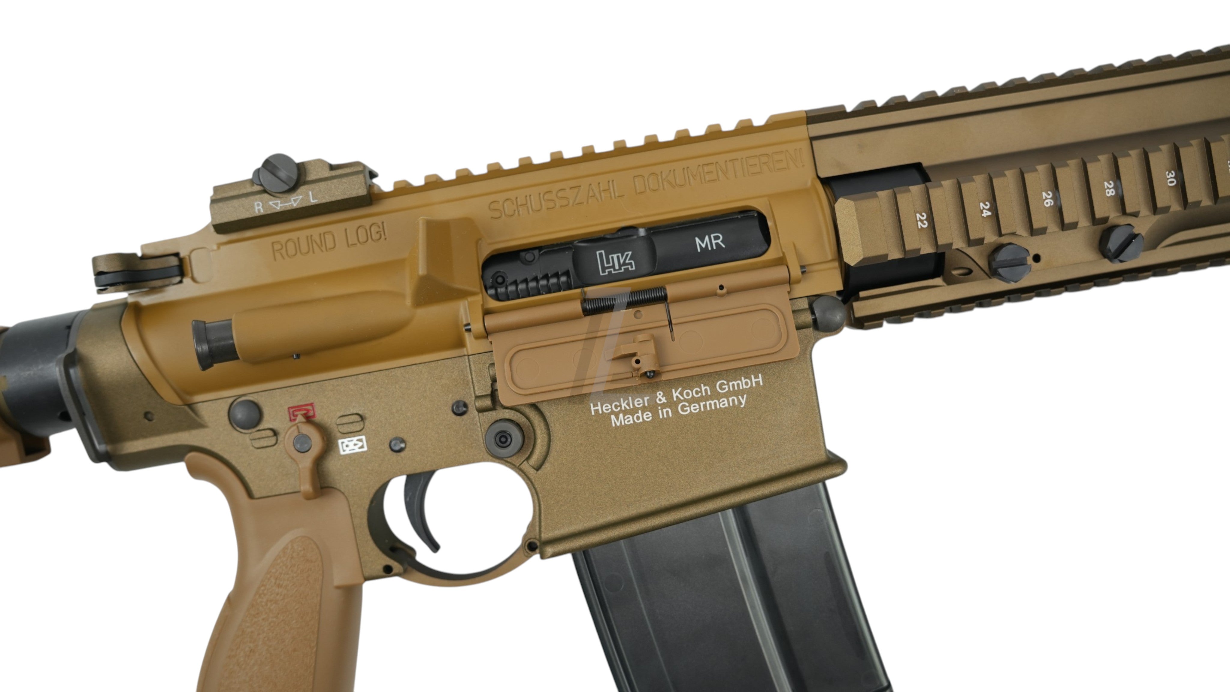 Landing Zone VFC G28 GBB airsoft rifle in tan with authentic Umarex Heckler and Koch markings on the receiver