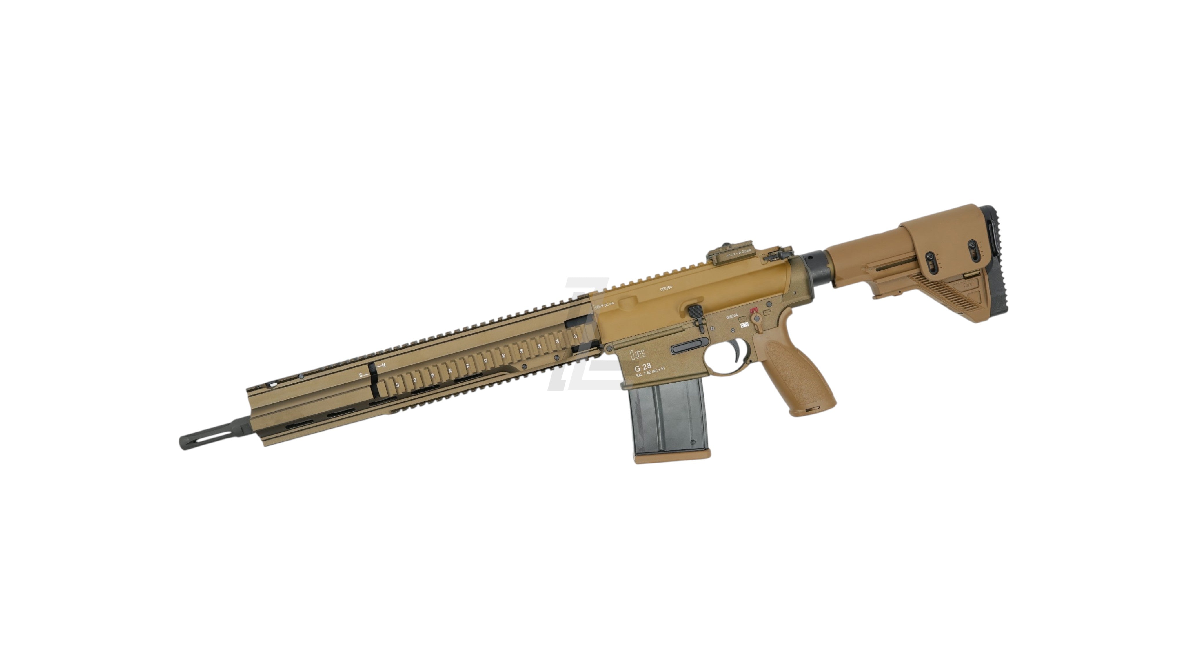 Landing Zone VFC G28 GBB airsoft rifle in tan, featuring Umarex licensed HK markings and a DMR design.