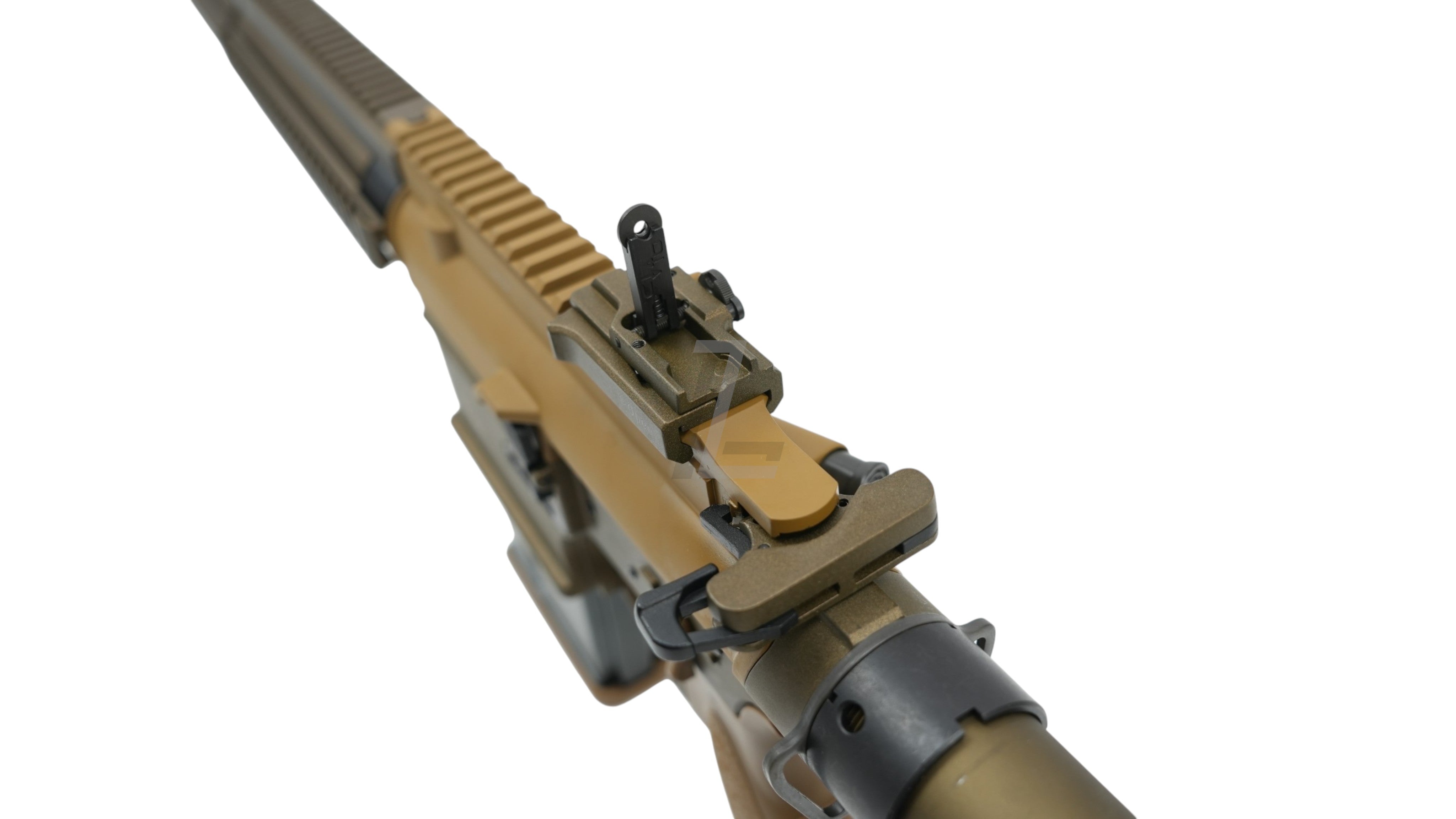 Landing Zone VFC G28 GBB airsoft rifle in tan, featuring detailed metal construction and folding rear iron sight.
