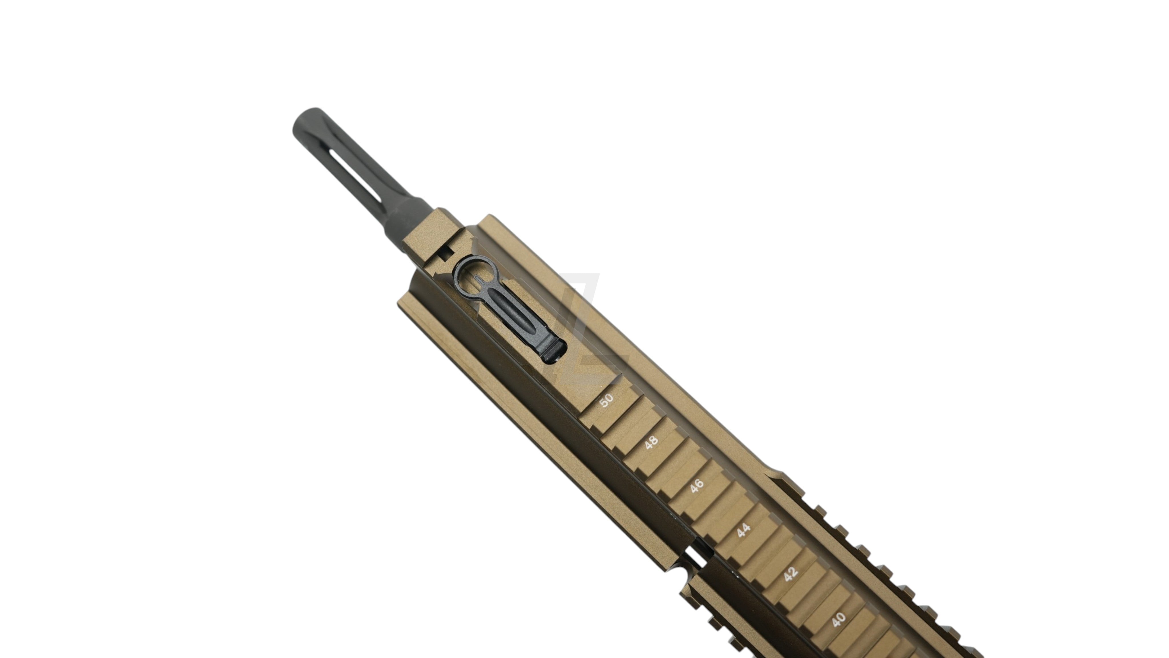 Landing Zone VFC G28 GBB airsoft rifle tan handguard with integrated rail and numbered slots on white background