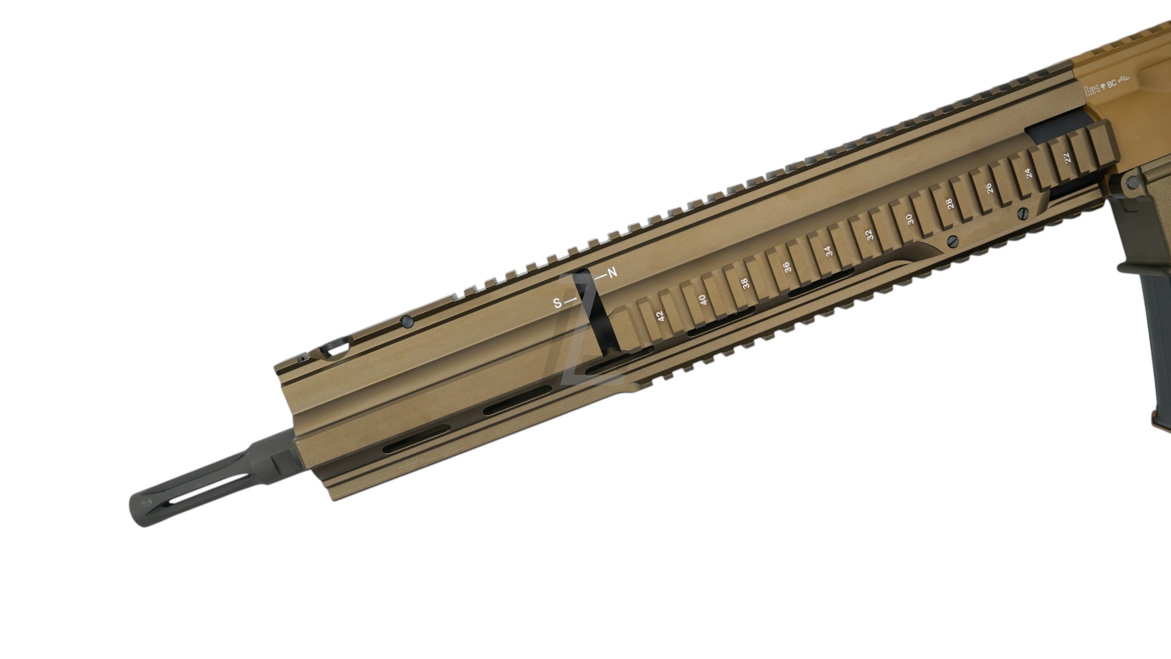 Landing Zone VFC G28 GBB airsoft rifle handguard in tan with integrated picatinny rails and HK markings