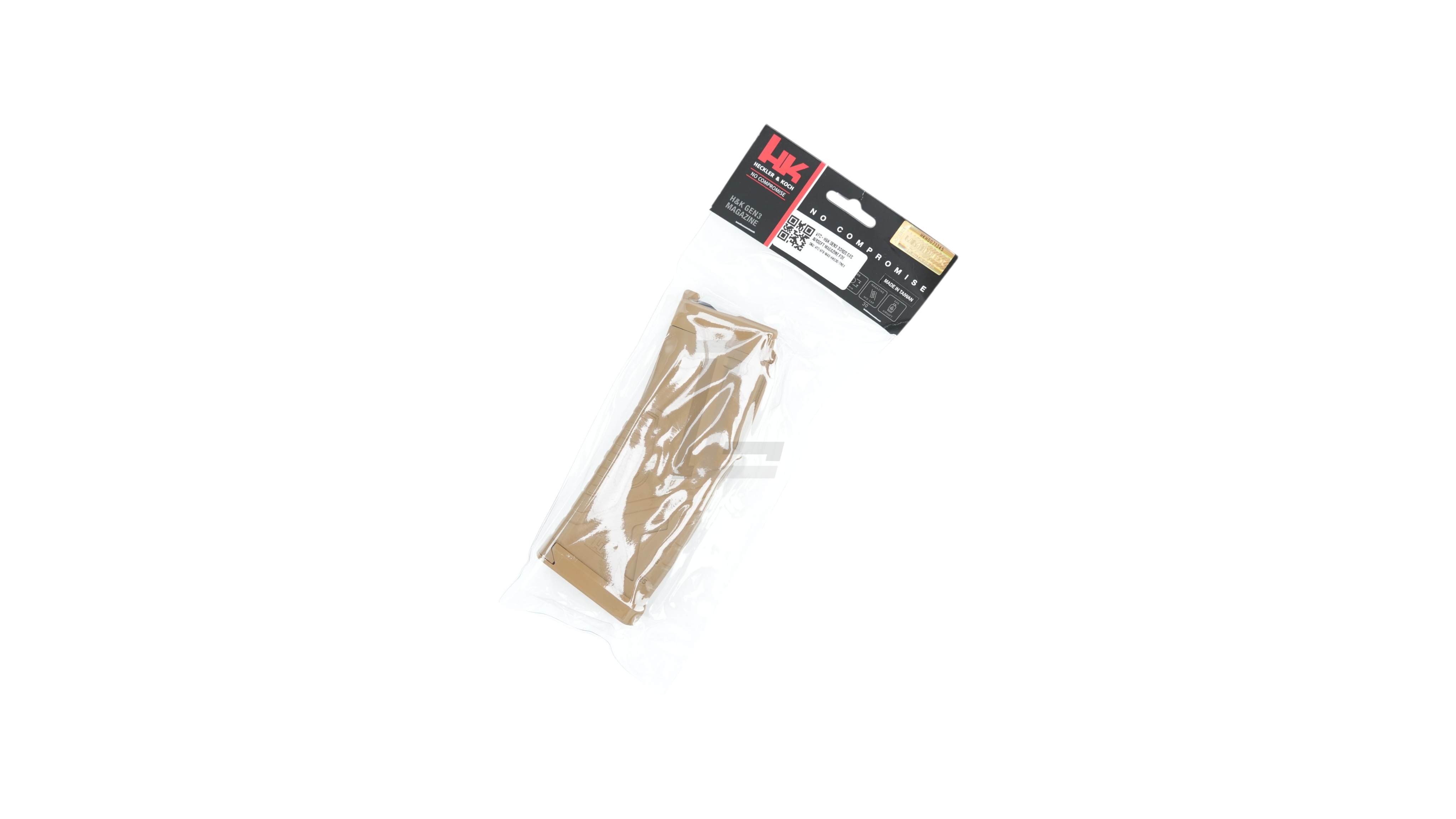 Landing Zone VFC H&K GEN3 gas airsoft magazine in FDE tan color, packaged in a clear plastic bag.