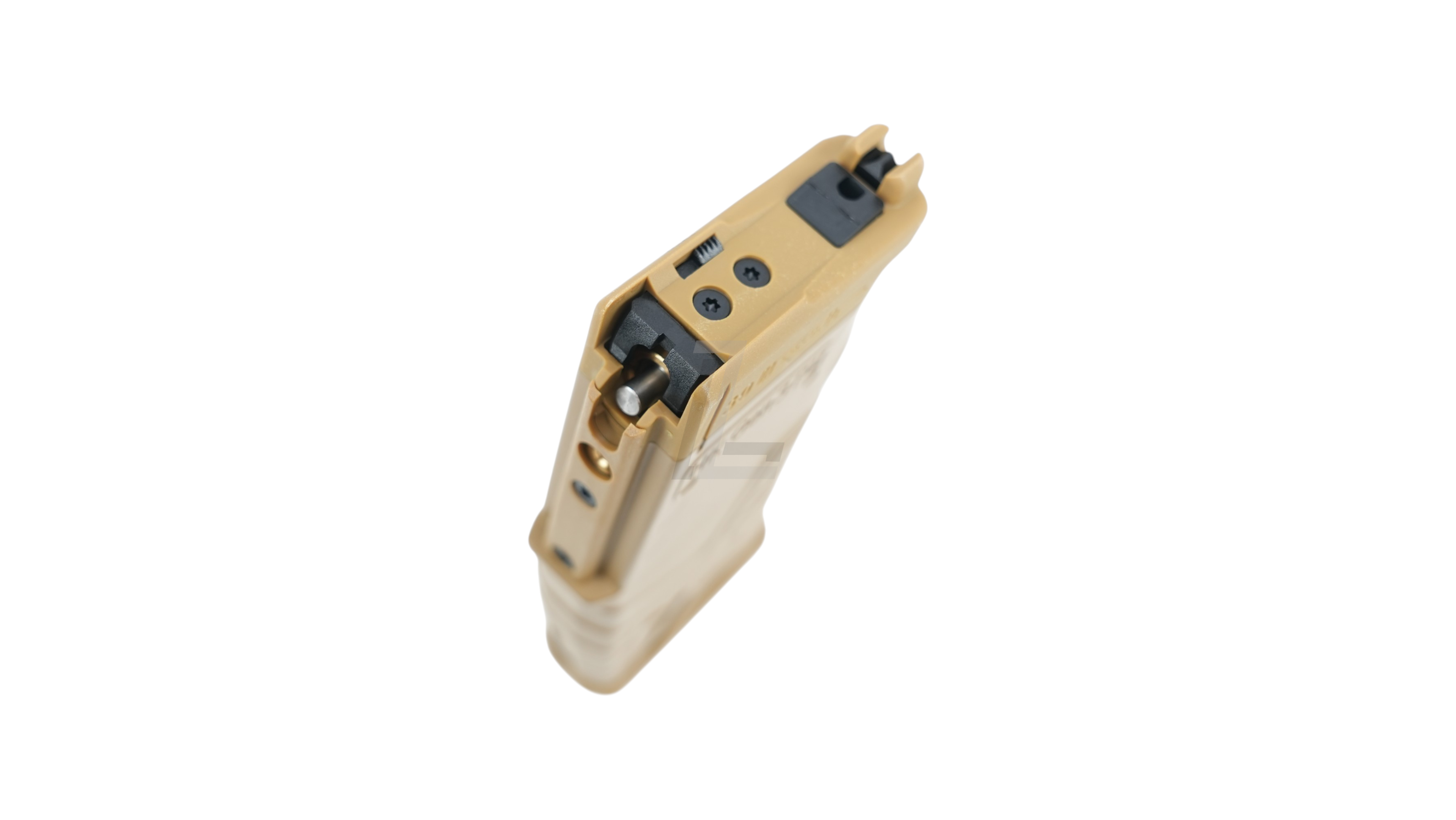 Landing Zone VFC H&K GEN3 gas airsoft magazine in FDE tan finish, showing top feed lips and valve details.