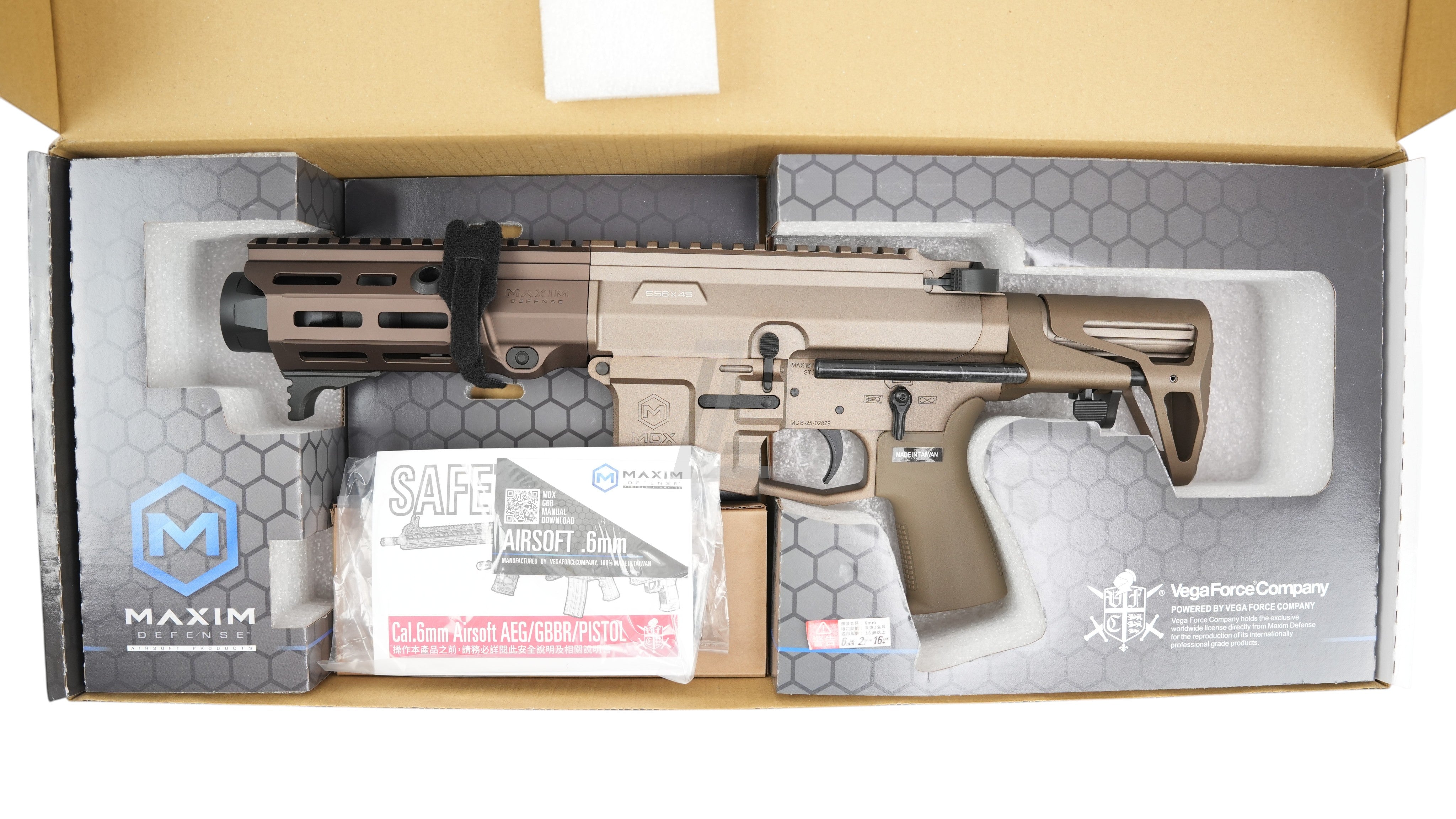 Landing Zone VFC Maxim Defense PDX SBR GBB airsoft rifle in FDE finish inside its original packaging box