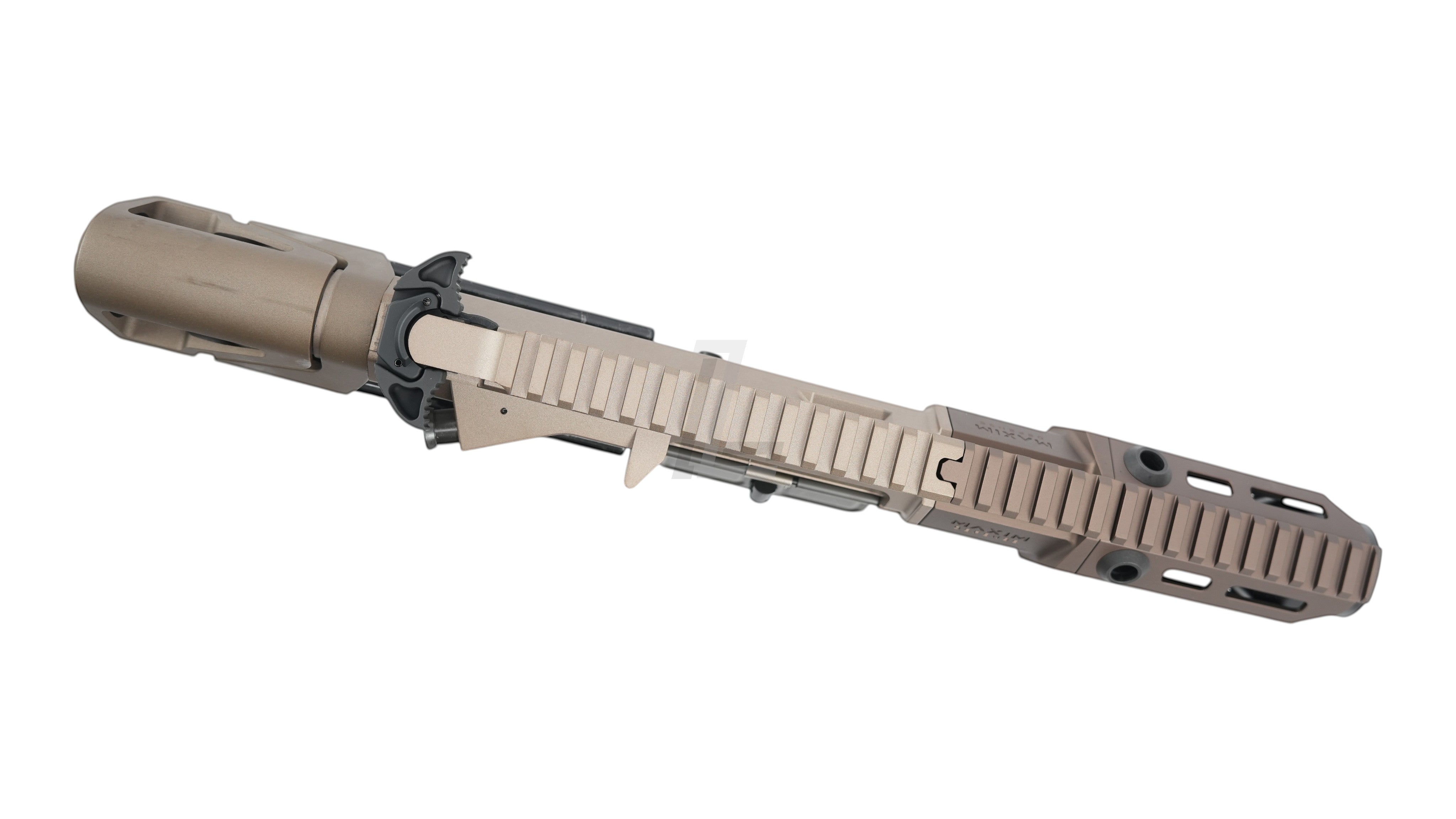 Landing Zone VFC Maxim Defense PDX SBR GBB upper receiver in FDE with Hatebrake muzzle device and top rail.
